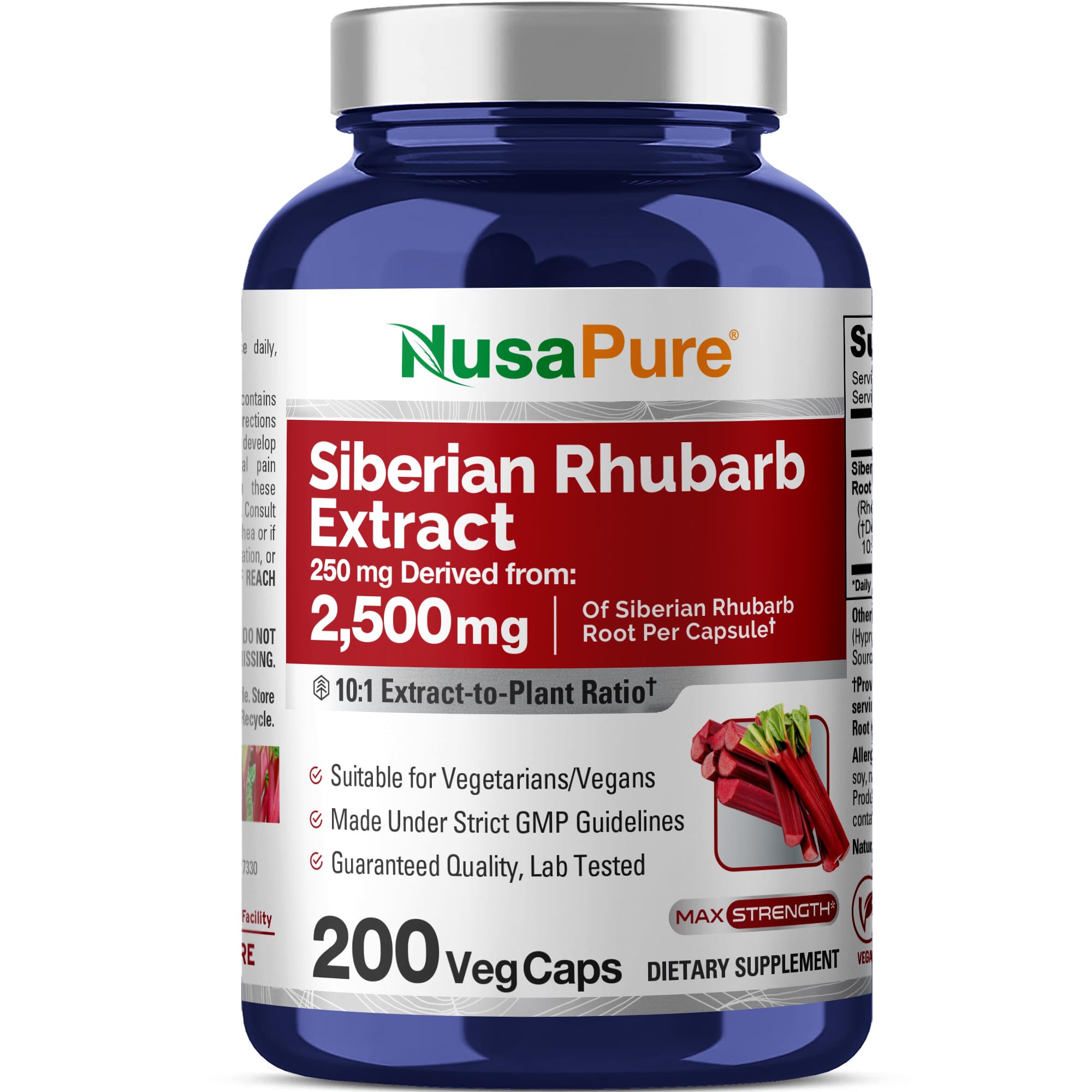 NusaPure Siberian Rhubarb 10:1 Extract, 250 mg Equivalent to 2,500mg - 200 Veggie Capsules (Vegetarian, Non-GMO, Vegan) NusaPure uk supplements