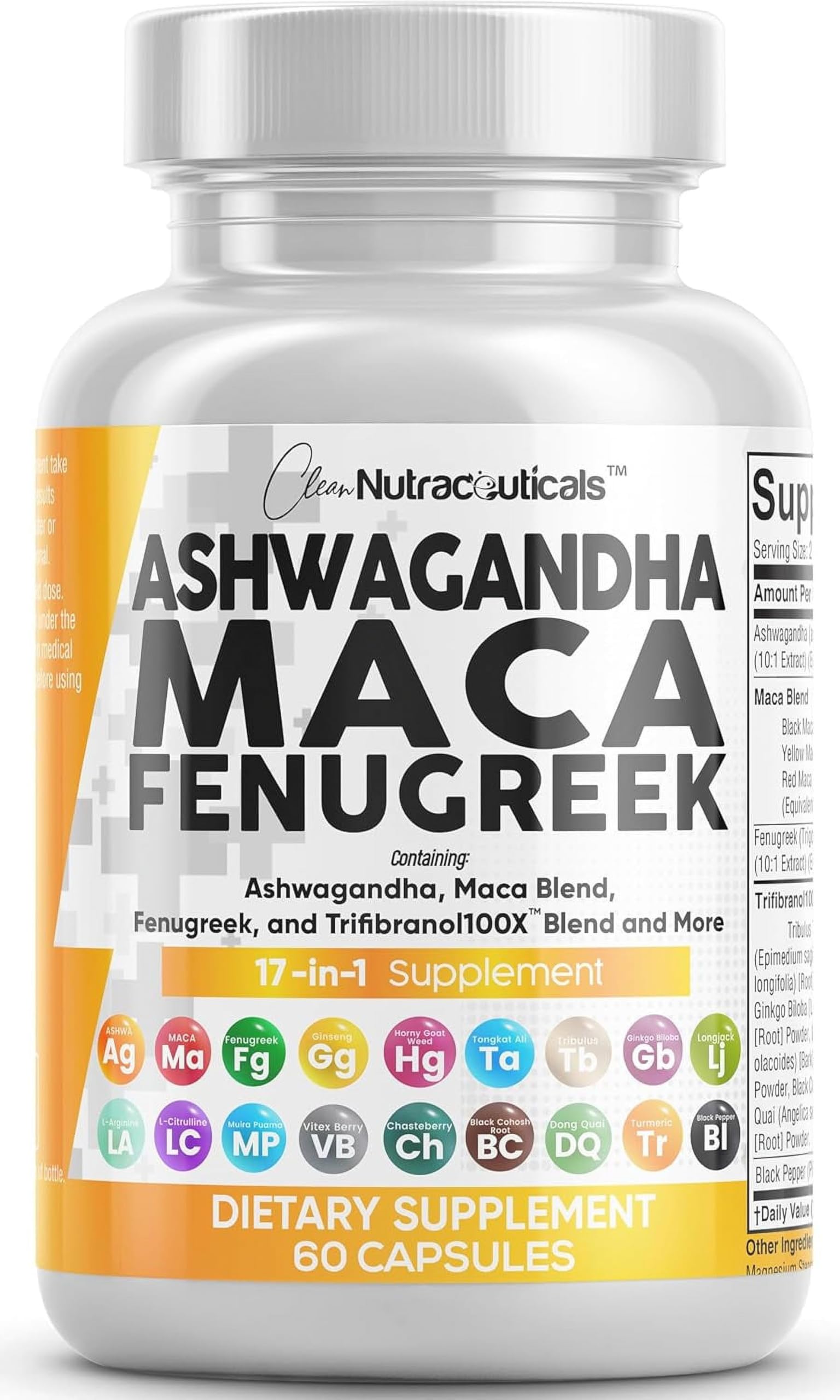 Clean Nutraceuticals Ashwagandha Maca Root Fenugreek Supplement with Tongkat Ali Ginseng - Assists with Stress, Mood & Thyroid - Ashwagandha Capsules Fenugreek Caps - 1 Pack Clean Nutraceuticals uk supplements