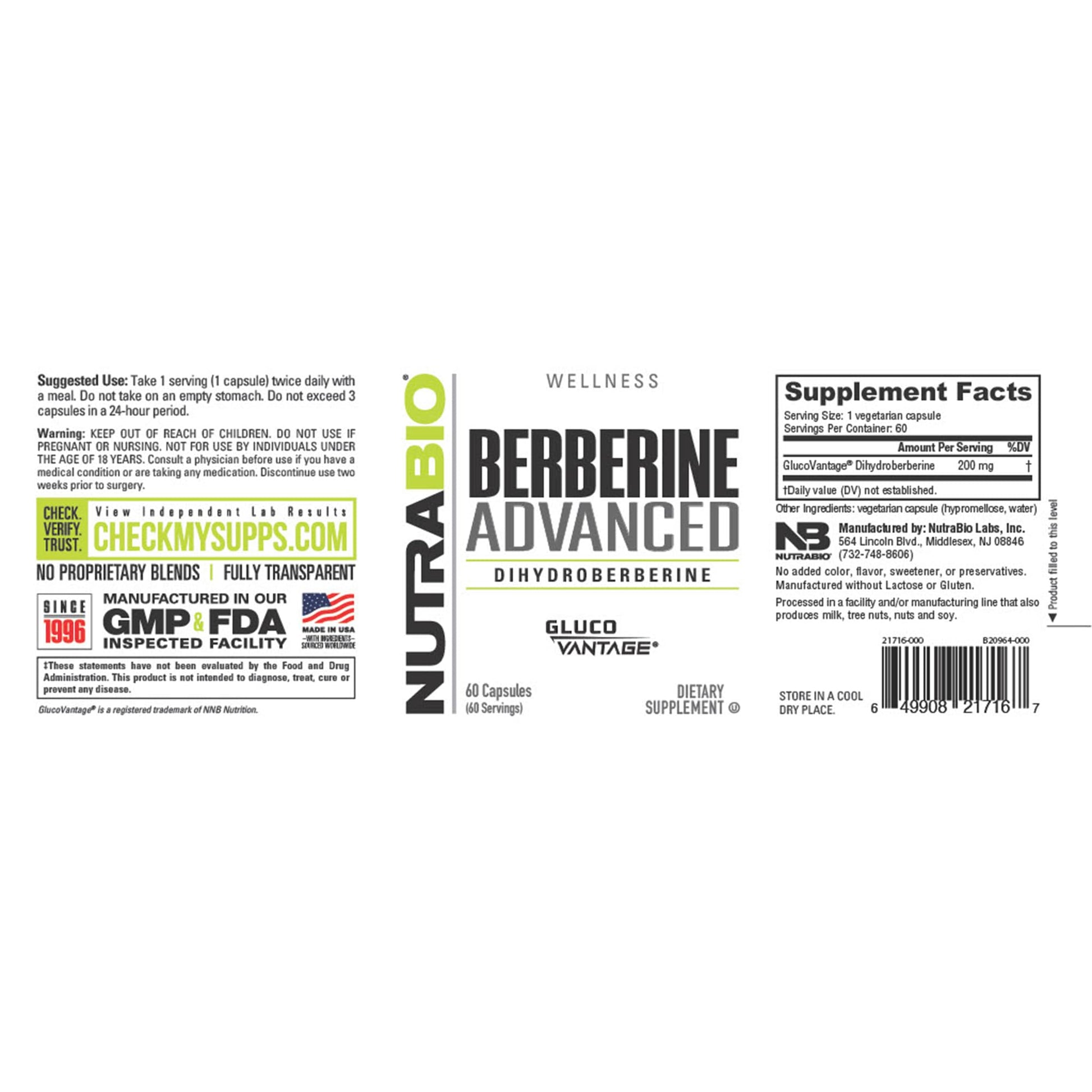 NutraBio Berberine Advanced Supplement (Dihydroberberine), 200 mg - Provides Advanced Absorption Carbohydrate Tolerance Support, 60 Caps NutraBio uk supplements