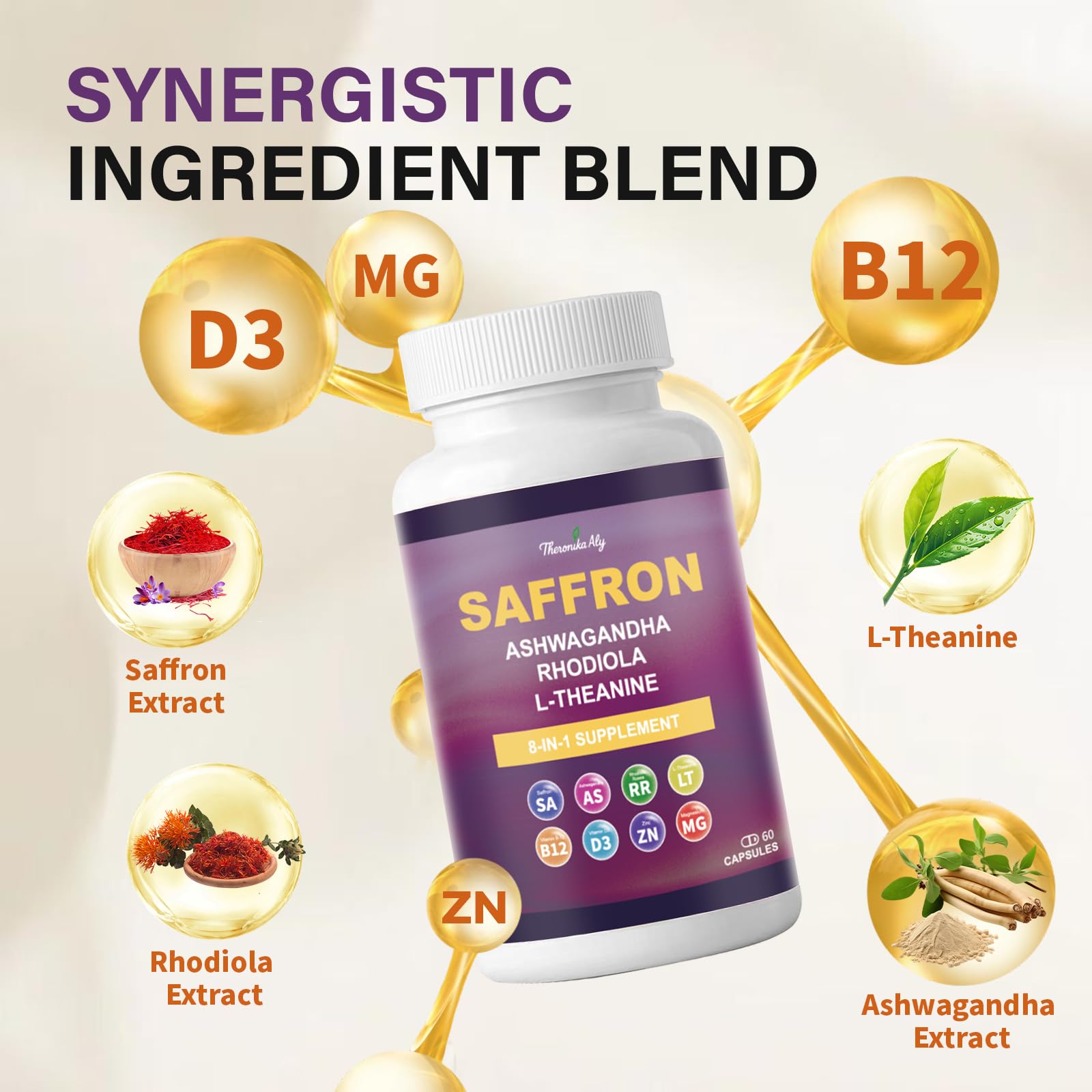 Theronika Aly Saffron Supplements – Blend with Ashwagandha, Safron, Rhodiola, Magnesium, L-Theanine, Zinc & B12, 88.5 mg Pure Saffron Extract Capsules Mood, Energy, Vision & Focus – 60 Vegan Capsules Theronika Aly uk supplements