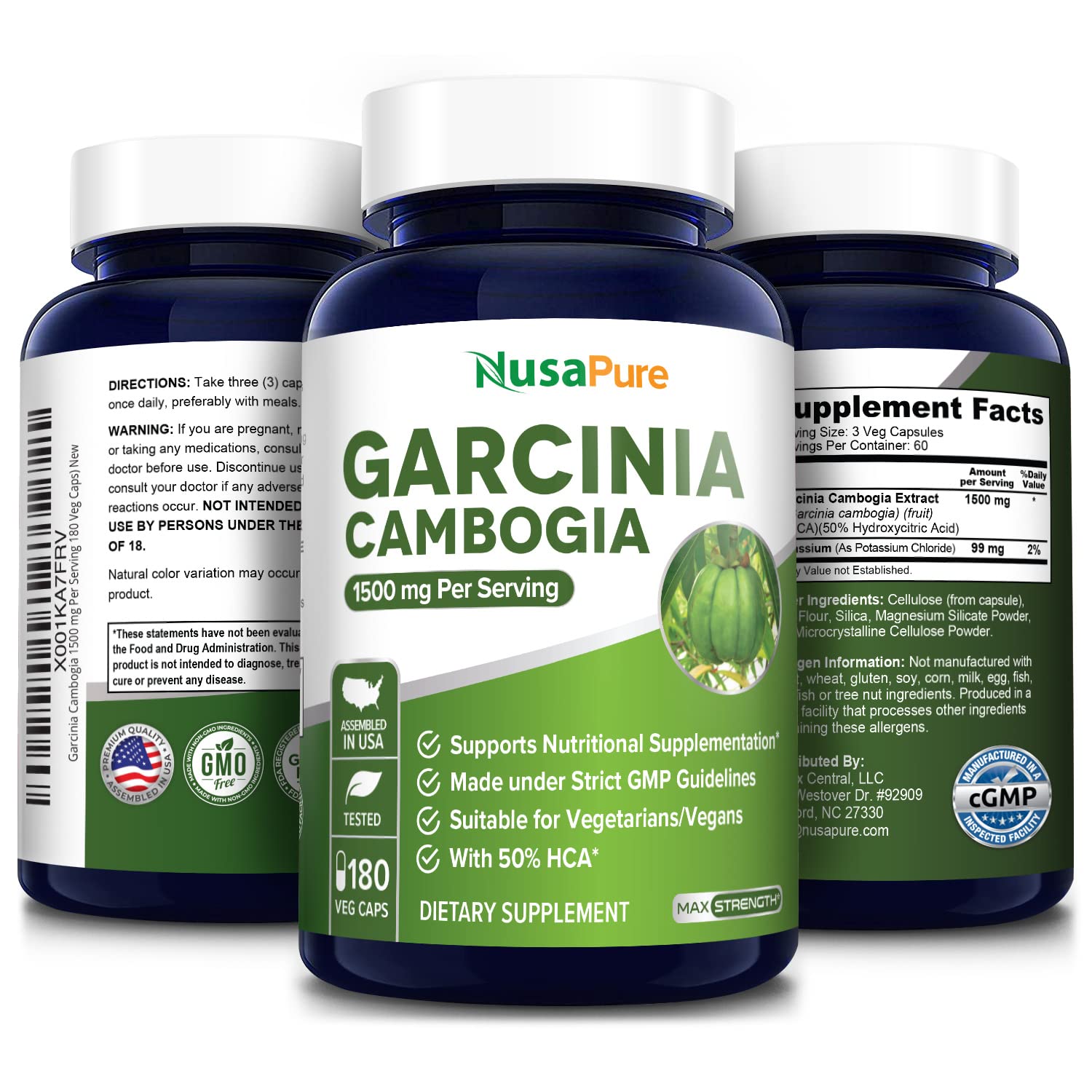 Garcinia Cambogia 180 Veggie Caps 1500mg (Vegetarian, Natural, Non-GMO & Gluten Free) NusaPure uk supplements