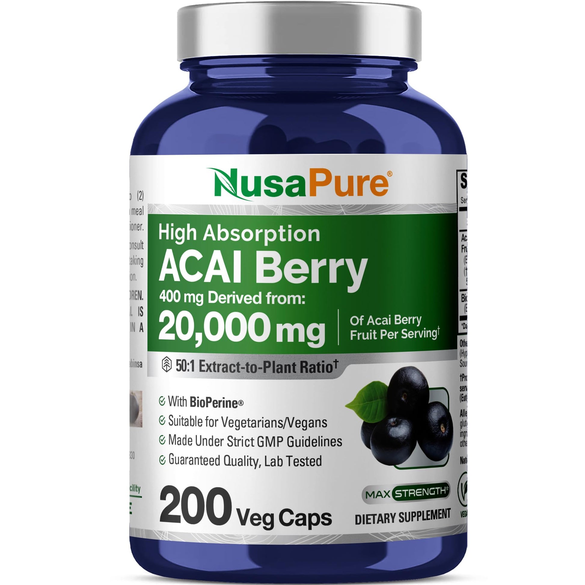 NusaPure Acai Berry 50:1 Extract - Suitable for Vegetarian/Vegan, Non - GMO - 20000 mg - 200 Capsules NusaPure uk supplements
