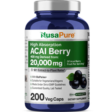 NusaPure Acai Berry 50:1 Extract - Suitable for Vegetarian/Vegan, Non - GMO - 20000 mg - 200 Capsules NusaPure uk supplements
