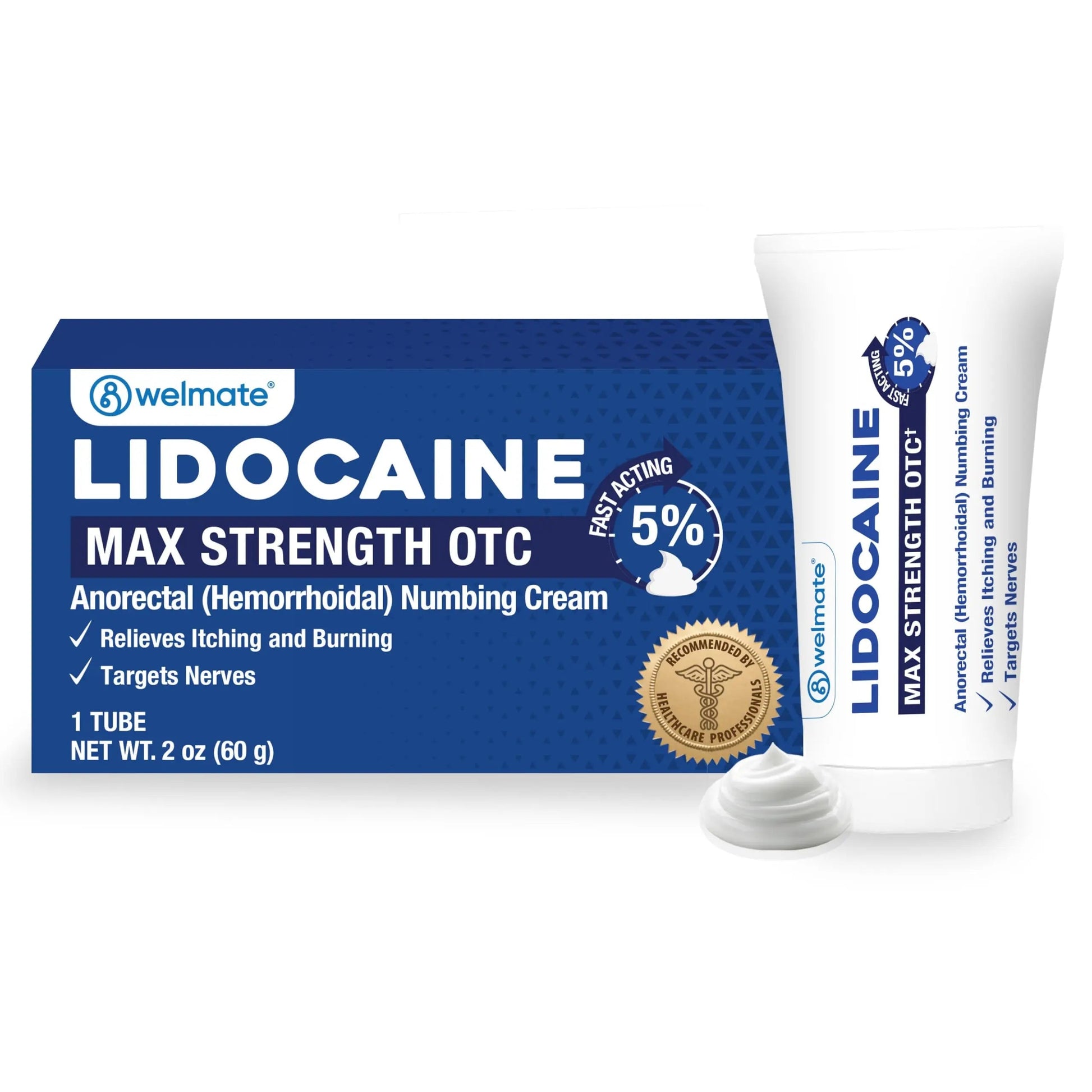 WELMATE 5% Lidocaine Cream for Hemorrhoids – Fast-Acting Lidocaine Numbing Cream & Topical Analgesic Cream for Anorectal Itch Relief, Unscented, Child Resistant Packaging 2 oz (60g) WELMATE uk supplements