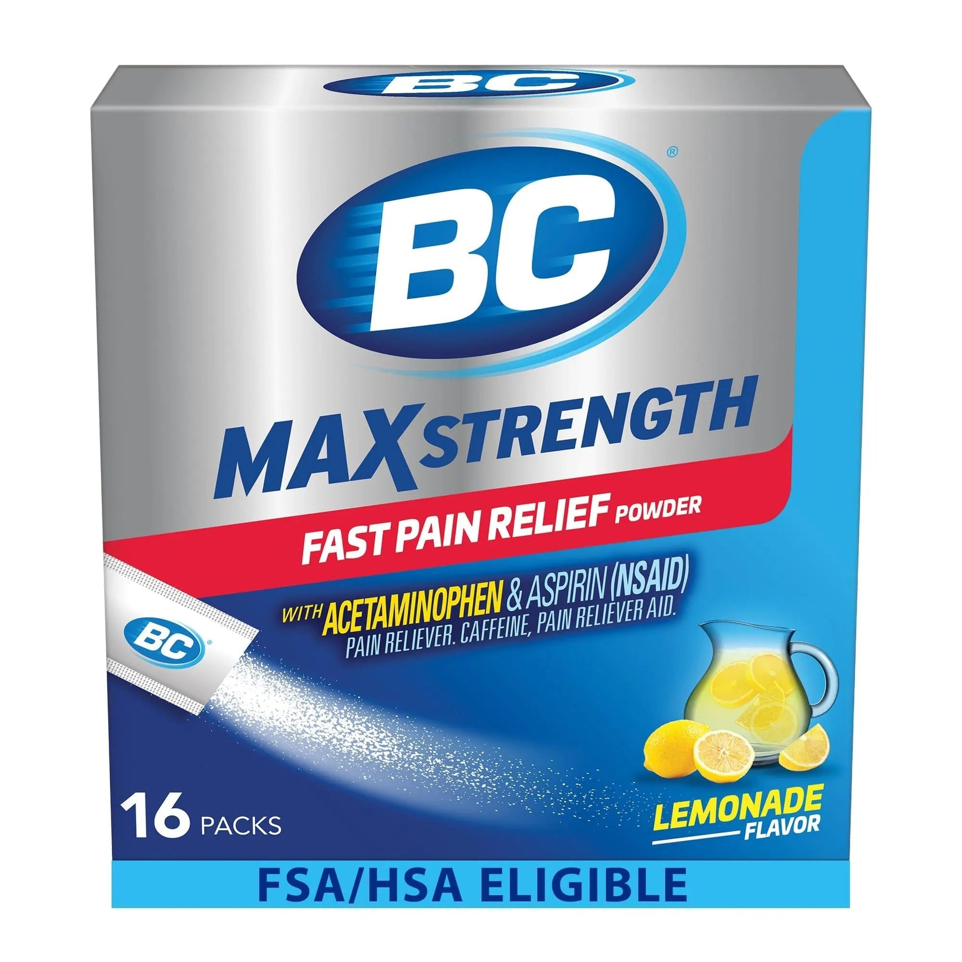 BC Max Strength Headache Relief Powder, Triple-Action Formula with Acetaminophen, Aspirin & Caffeine Eases Aches & Pains, Lemonade Flavor, 16 Count BC uk supplements