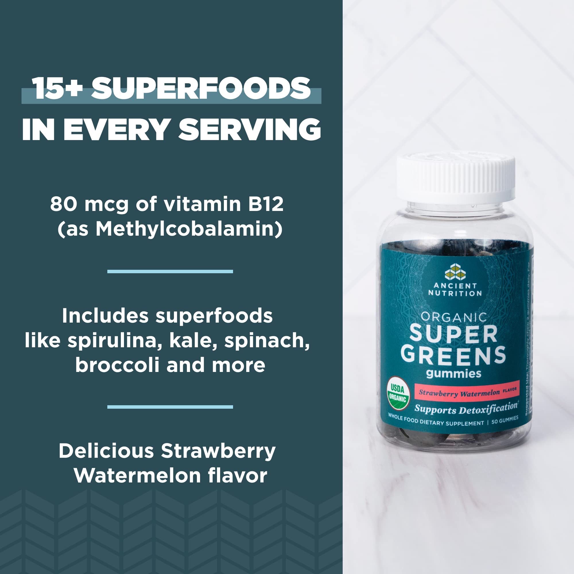 Ancient Nutrition Supergreens Gummy, Organic Superfood Gummy Made from Real Fruits, Vegetables and Herbs, for Digestive and Energy Support, 100 Count, Strawberry Watermelon Ancient Nutrition uk supplements