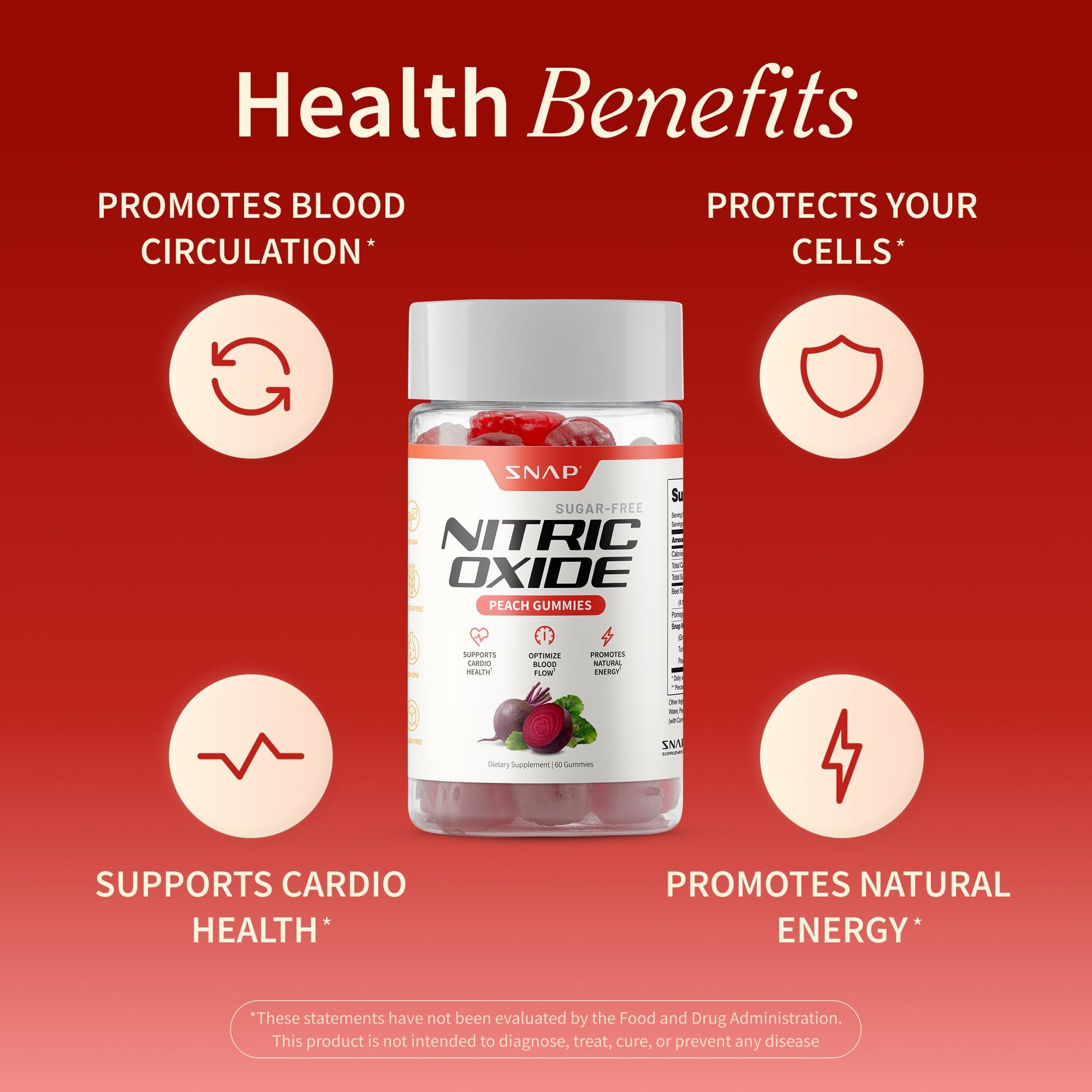Snap Supplements Nitric Oxide Beet Root Gummies Supplement with Organic Beets - Energy & Circulation Support, 60 Sugar-Free Gummies (30 Servings, 1 Month Supply), Peach Snap Supplements uk supplements
