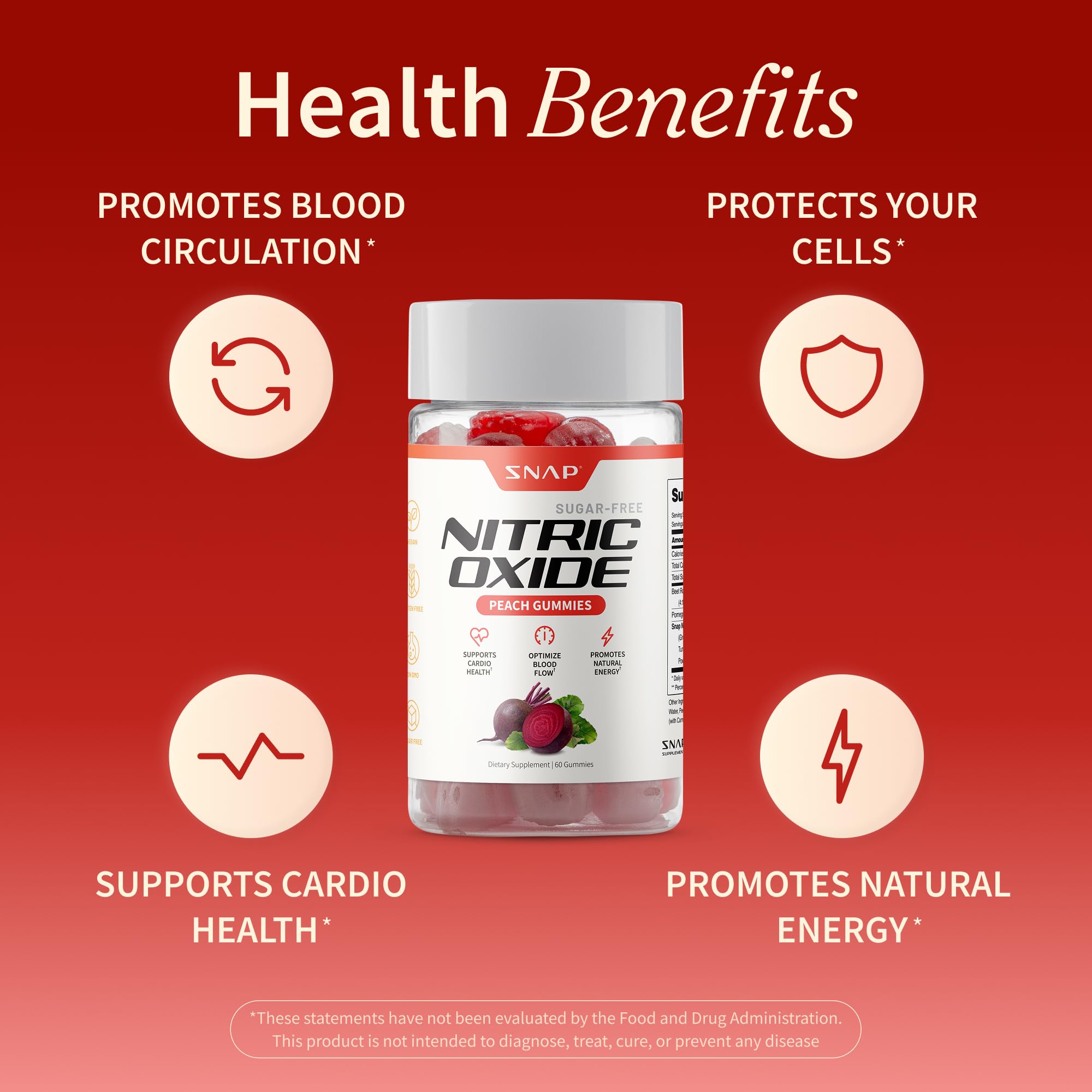 Snap Supplements Nitric Oxide Beet Root Gummies Supplement with Organic Beets - Energy & Circulation Support, 60 Sugar-Free Gummies (30 Servings, 1 Month Supply), Peach Snap Supplements uk supplements