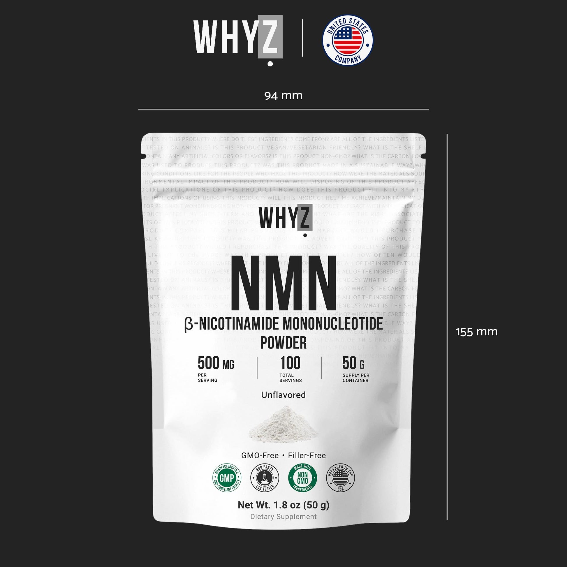 Pure NMN Powder Nicotinamide Mononucleotide Quick Dissolved NMN Supplement Powder 100% Unflavored NMN Supplement Supports NAD+ Levels Vegan Friendly Non-GMO, 50g WHYZ uk supplements