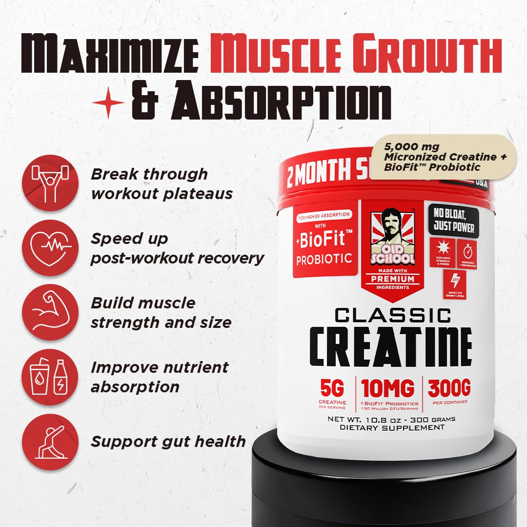 Old School Labs 5000mg Micronized Creatine Monohydrate with BioFit™ Probiotic - No Bloat Post-Recovery for Men & Women Supports Muscle Growth, Old School Labs uk supplements