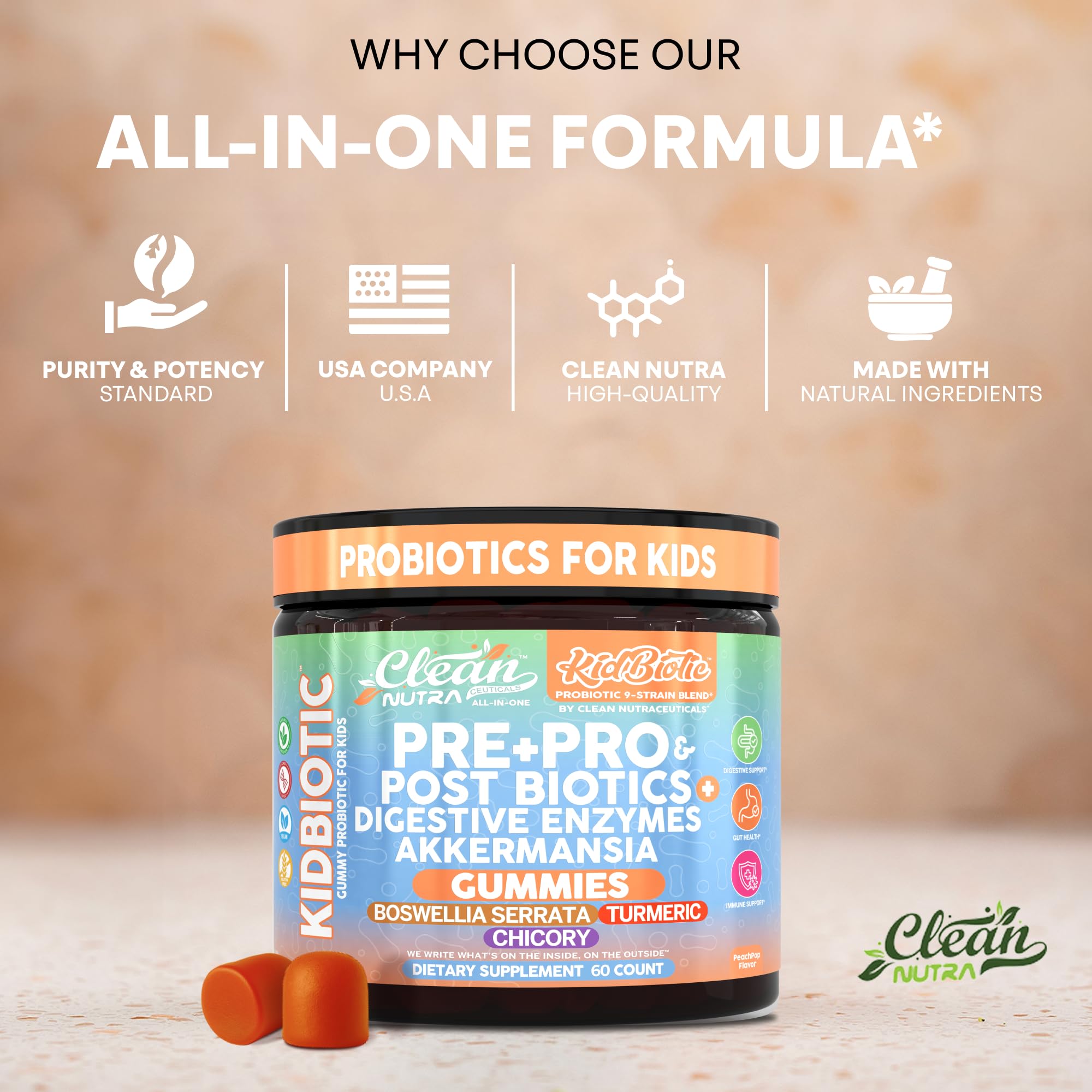 Clean Nutra Kids Probiotics Gummies with Prebiotics, Postbiotics, Digestive Enzymes, Akkermansia, Boswellia Serrata, Turmeric, Chicory – 60 Count – Plant-Based Supplement for Kids – PeachPop Flavor Clean Nutraceuticals uk supplements