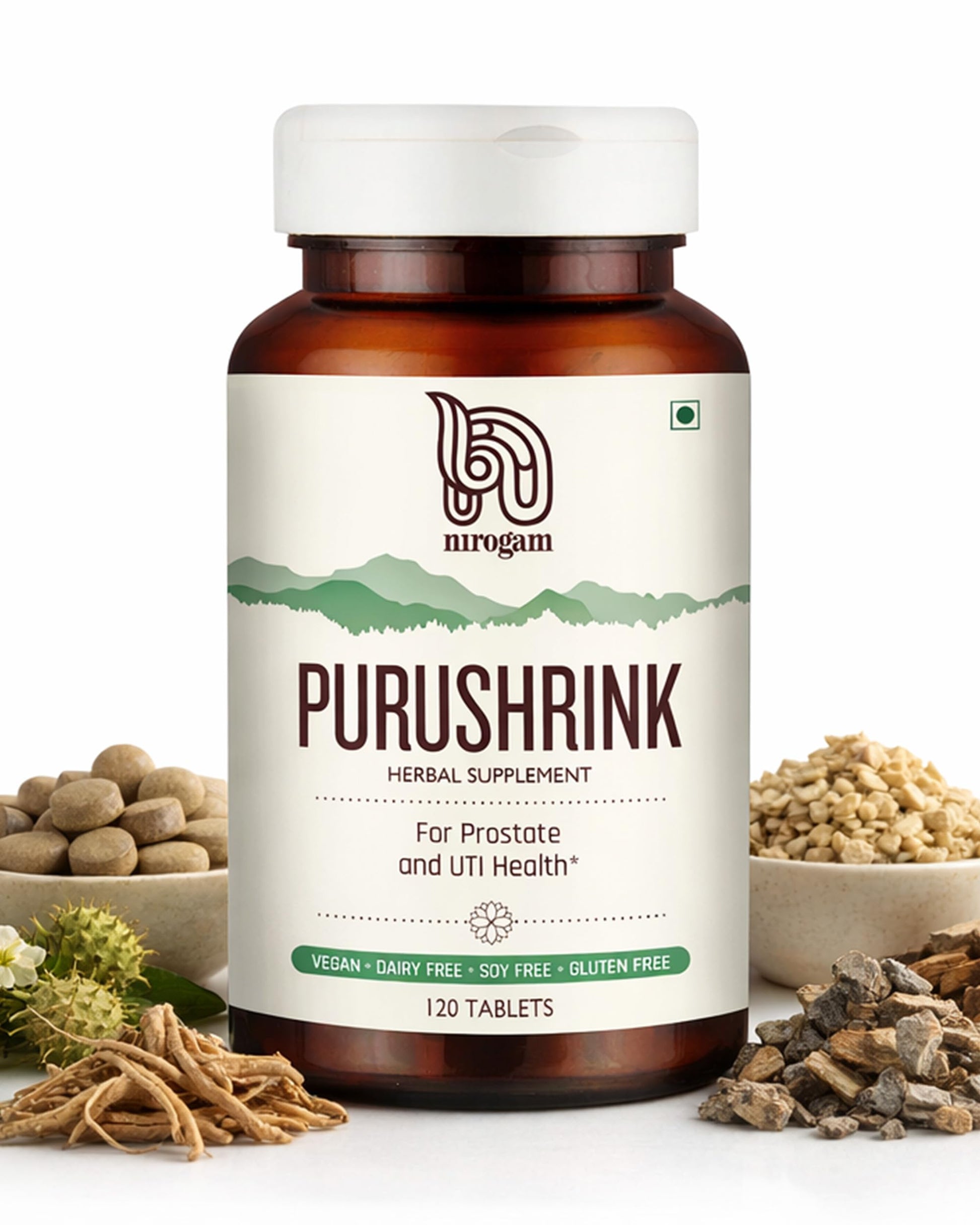 Nirogam Purushrink - BPH Prostate Supplement for Men, Supports Better Sleep & Urinary Health - Natural Ayurvedic Herbal Supplement 120 Tablets - Vegan, Dairy Free, Gluten Free Nirogam uk supplements