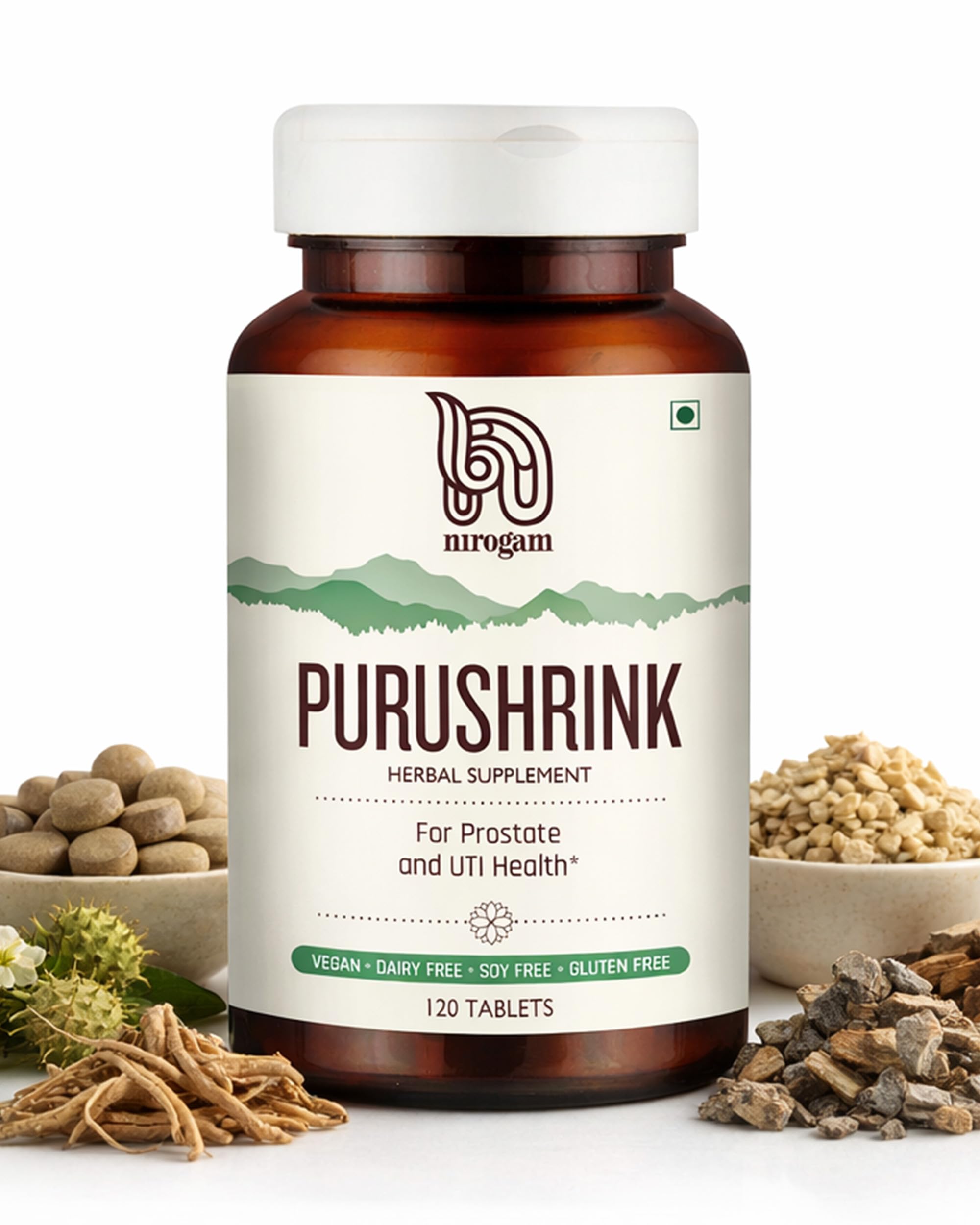 Nirogam Purushrink - BPH Prostate Supplement for Men, Supports Better Sleep & Urinary Health - Natural Ayurvedic Herbal Supplement 120 Tablets - Vegan, Dairy Free, Gluten Free Nirogam uk supplements