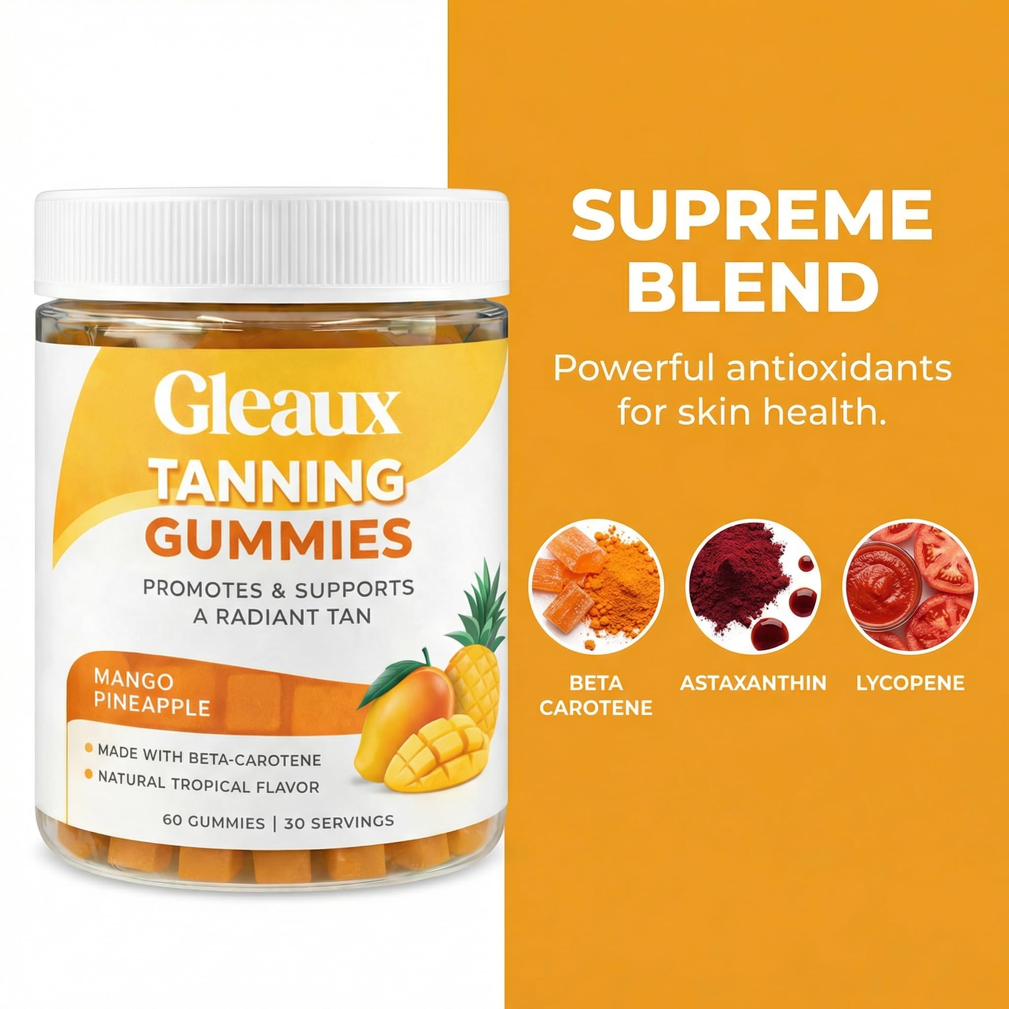 DXWXH Gleaux Tanning Gummies, Tanning Gummies for Women, Sunless Radiance Support with Beta Carotene, Astaxanthin & Lycopene, for Skin Health & Complexion Support, Mango Pineapple Flavor, 60 Gummies DXWXH uk supplements