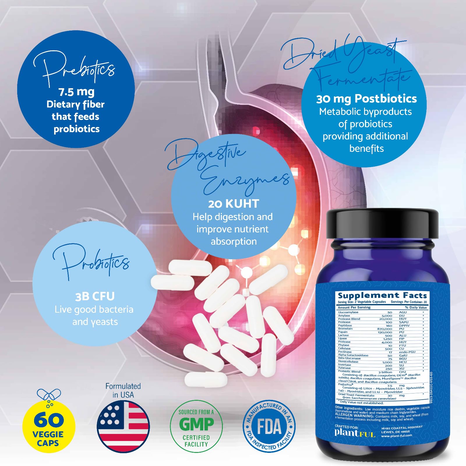 4-in-1 Pre Post Probiotics & Digestive Enzymes - Complete Gut Health & Digestive Support for Women & Men - Prebiotic Probiotic & Postbiotic Gas & Bloating Relief – 60 Non GMO Capsules PLANTFUL RESEARCH uk supplements