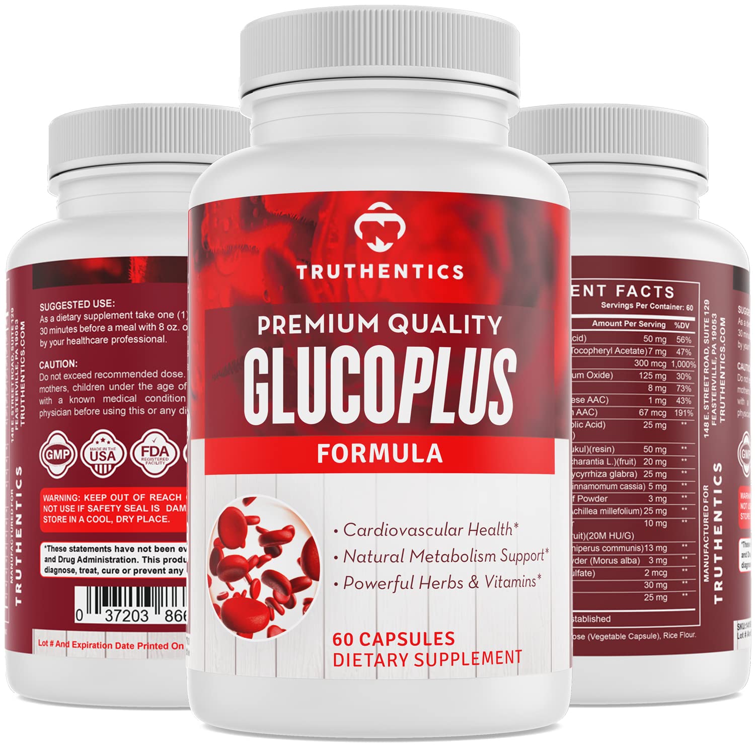 TRUTHENTICS GlucoPlus - 20 Herbs, Vitamins & Minerals with Cinnamon, Chromium, Vanadium, Bitter Melon, Alpha Lipoic Acid, Magnesium - Gluten Free, Non-GMO - 60 Capsules TRUTHENTICS uk supplements