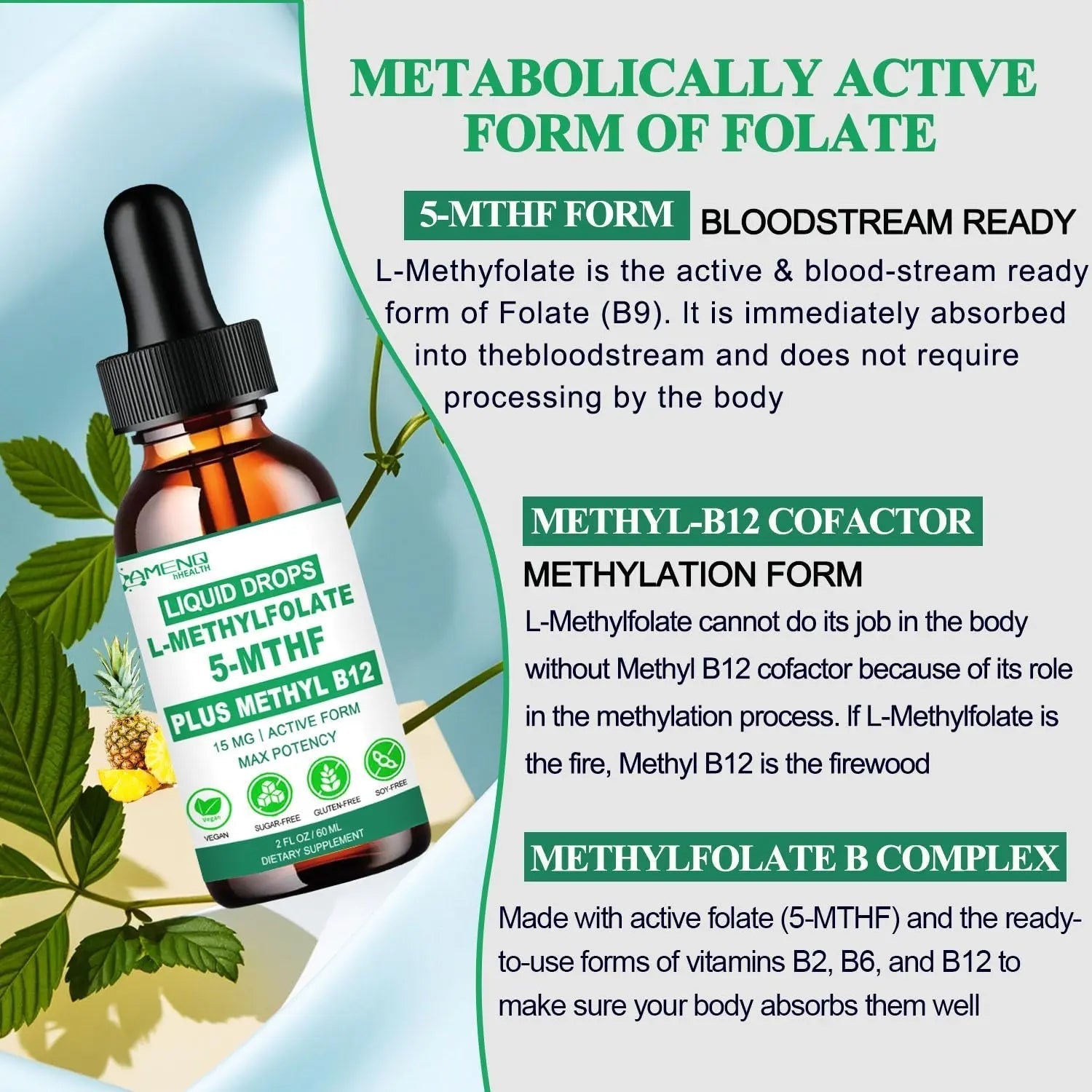 Methylfolate Supplement Liquid Drops, L Methy Folate 15mg Plus Methy B12, B6, B2 Multivitamin, Metabolically Active 5-MTHF Form AMENQ hHEALTH uk supplements