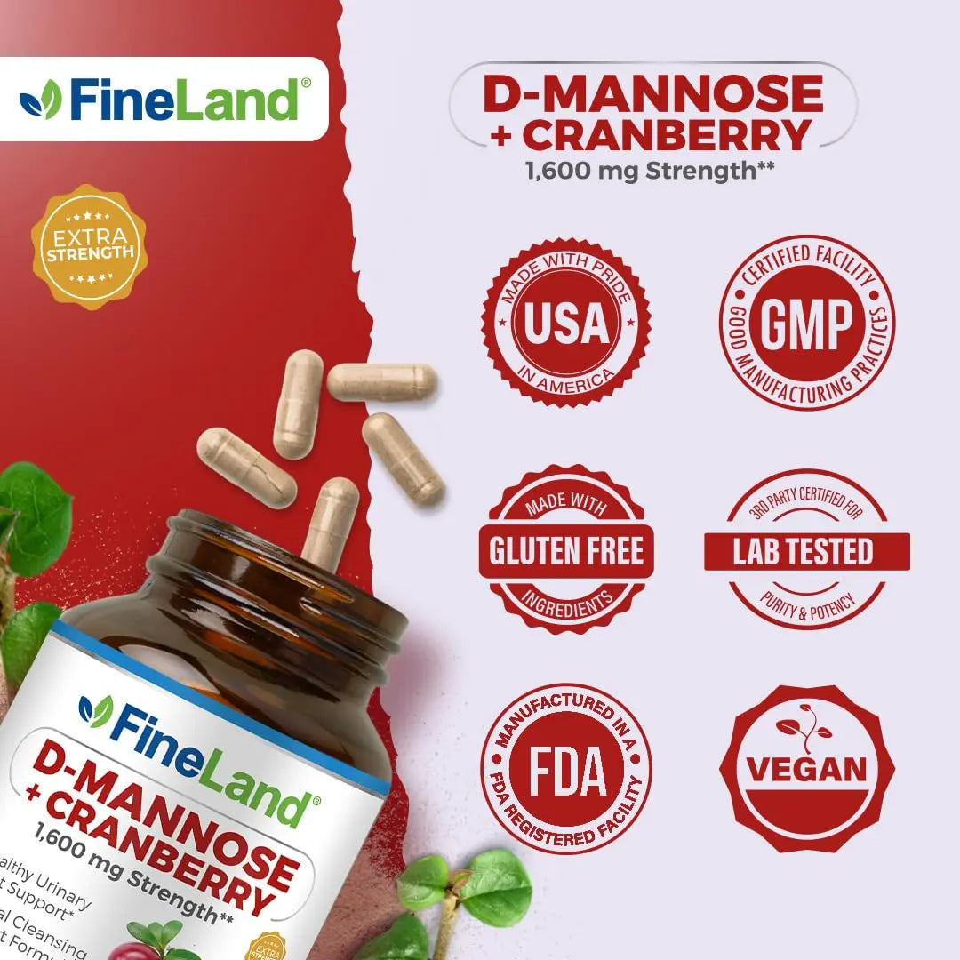 FineLand D-Mannose + Cranberry – 1600mg per Serving – 120 Vegan Capsules – Urinary Tract & Bladder Health Support – Non-GMO, Gluten-Free, Made in USA FineLand uk supplements