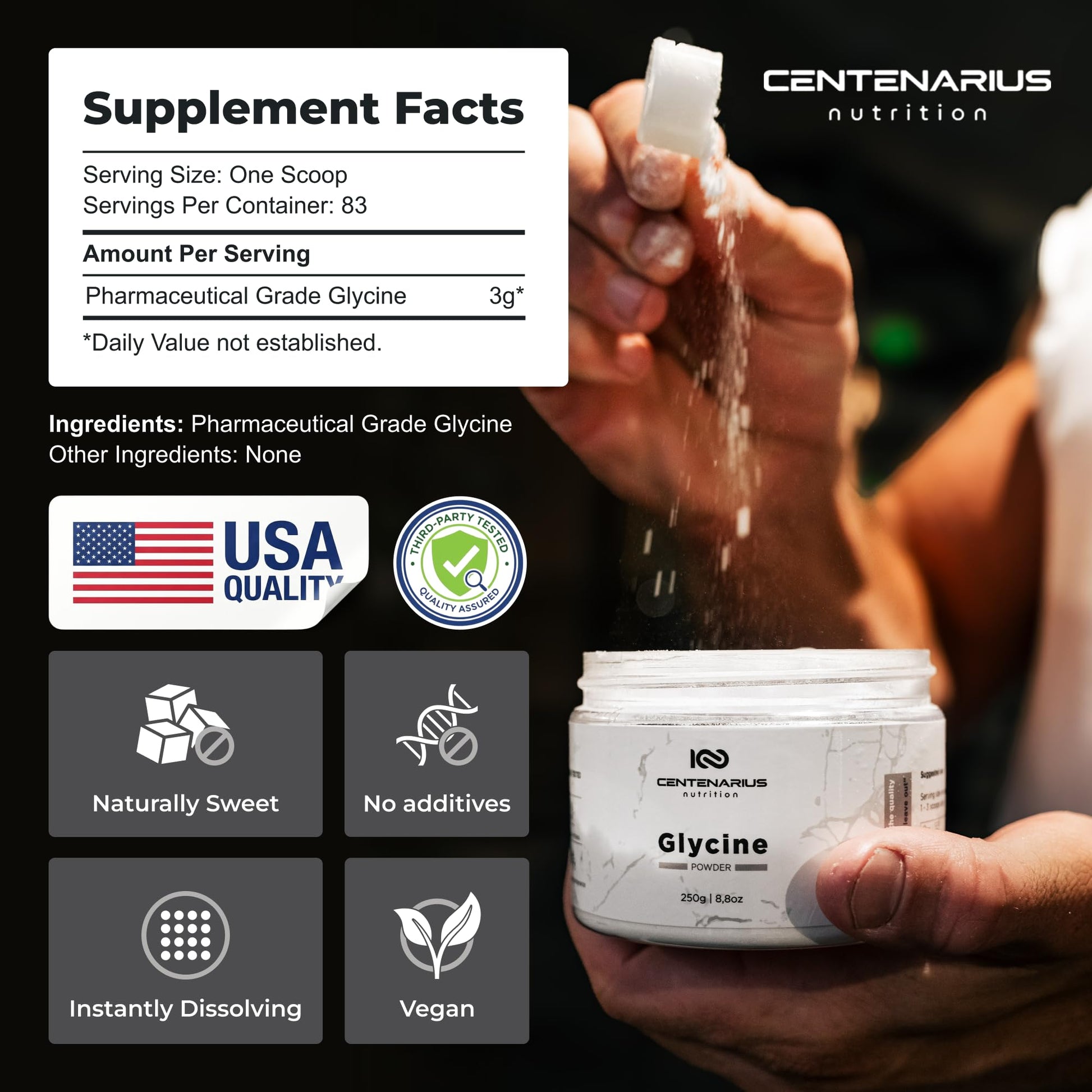 Premium Glycine Powder 250g | Amino Acids Supplement for Post Workout Muscle Recovery, Digestion, Sleep Aid + More - Vegan, Additive-Free Centenarius Nutrition uk supplements