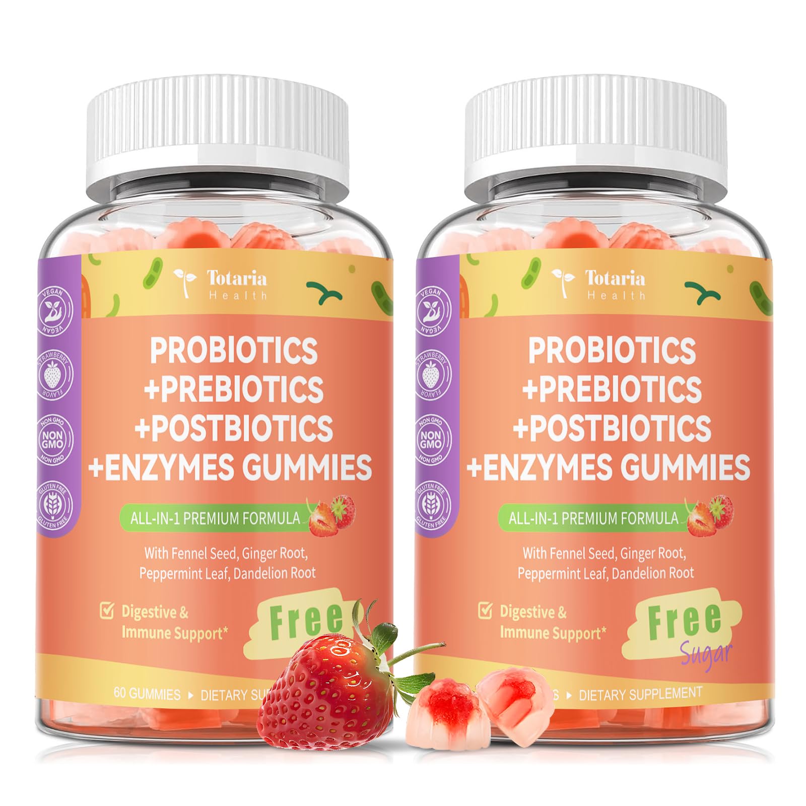 (2 Packs) Totaria Sugar Free 5-in-1 Probiotic Prebiotic Postbiotic Gummy, Probiotics for Women Men with Digestive Enzymes, Peppermint, Complete Immune, Gut & Digestive Support, Vegan Strawberry Flavor Totaria uk supplements