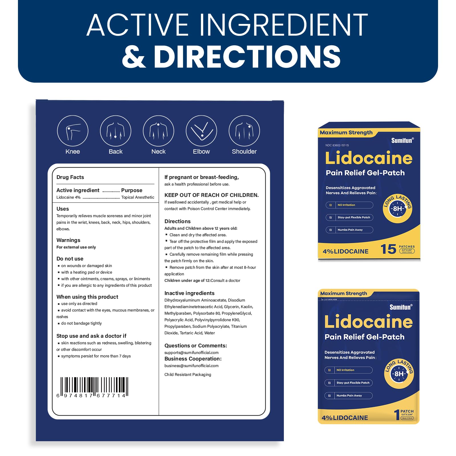 Sumifun 4% Lidocaine Pain Relief Patches 15 Counts Maximum Strength Numbing Gel Patch for Back Knee Neck Joint Ache Muscle Soreness Topical Analgesic Sumifun uk supplements