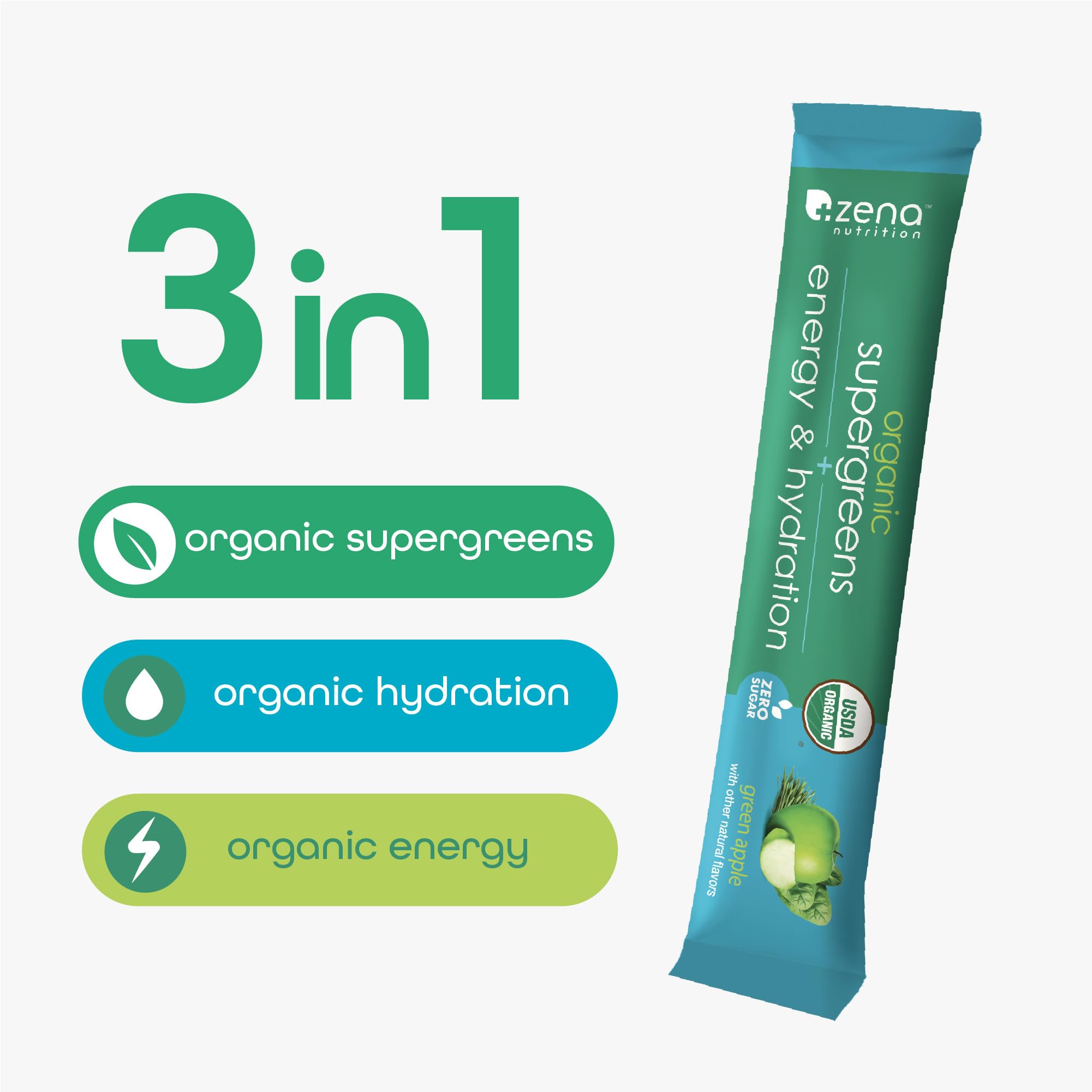 Zena Nutrition Organic Super Greens Energy & Hydration Powder, 70+ Superfoods, 0 Sugar, 5G Fiber, Spirulina, Chlorella, Prebiotics/Probiotics, Natural Caffeine + Electrolytes, 40 Drink Mix Packets Zena Nutrition uk supplements