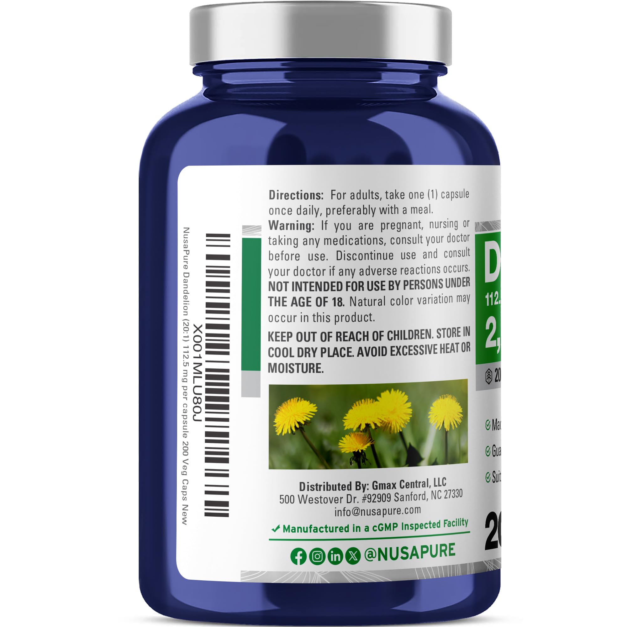 NusaPure Dandelion Root 20:1 Extract, 112.5 mg Equivalent to 2,250 mg 200 Veggie Capsules (Non-GMO, Vegan) NusaPure uk supplements