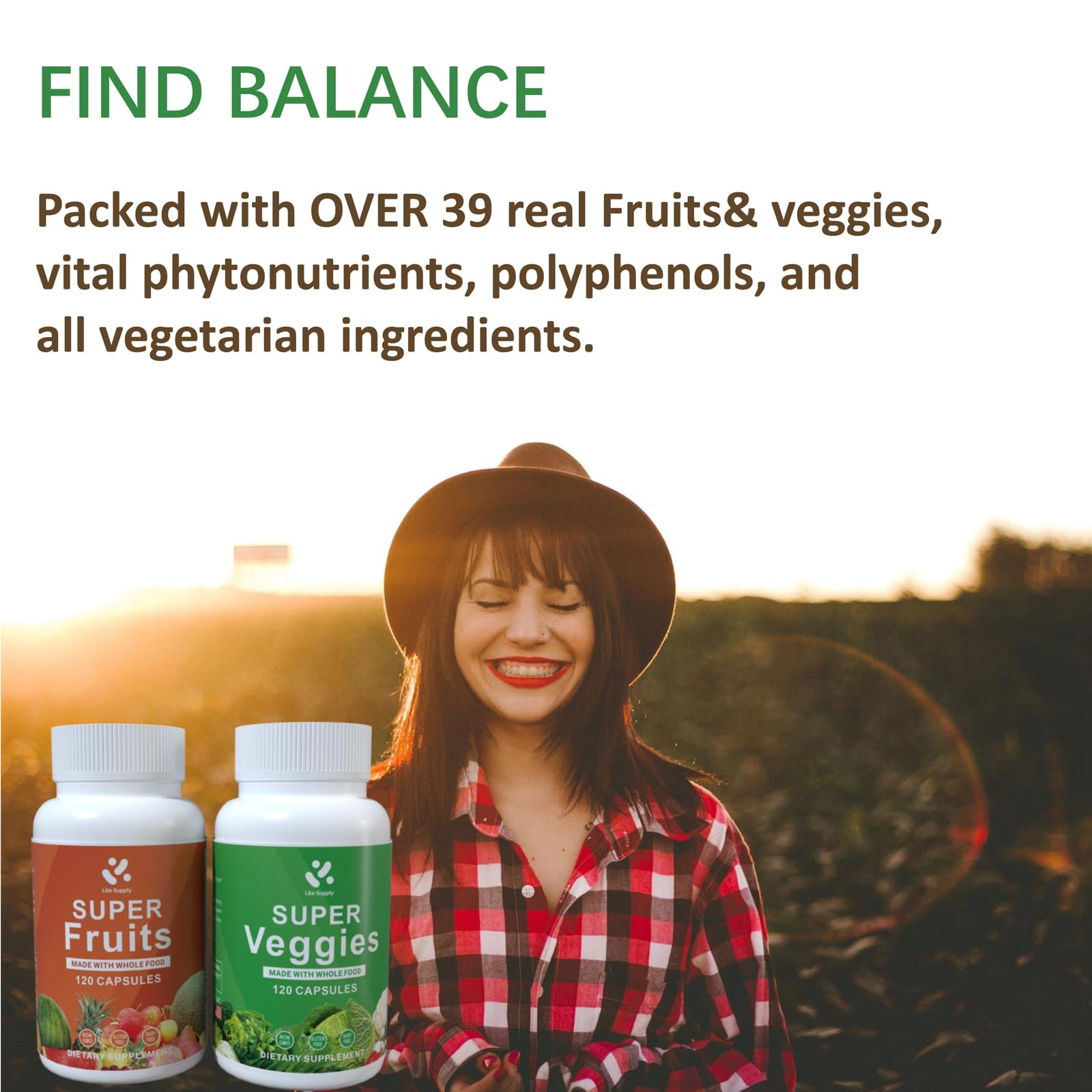 Lite Supply Fruits and Veggies Supplement 240 Caps - 120 Fruit and 120 Veggie Capsules - Whole Food & Natural Superfood Filled with Vitamins & Minerals for Women, Men Supports Energy Levels Lite Supply uk supplements