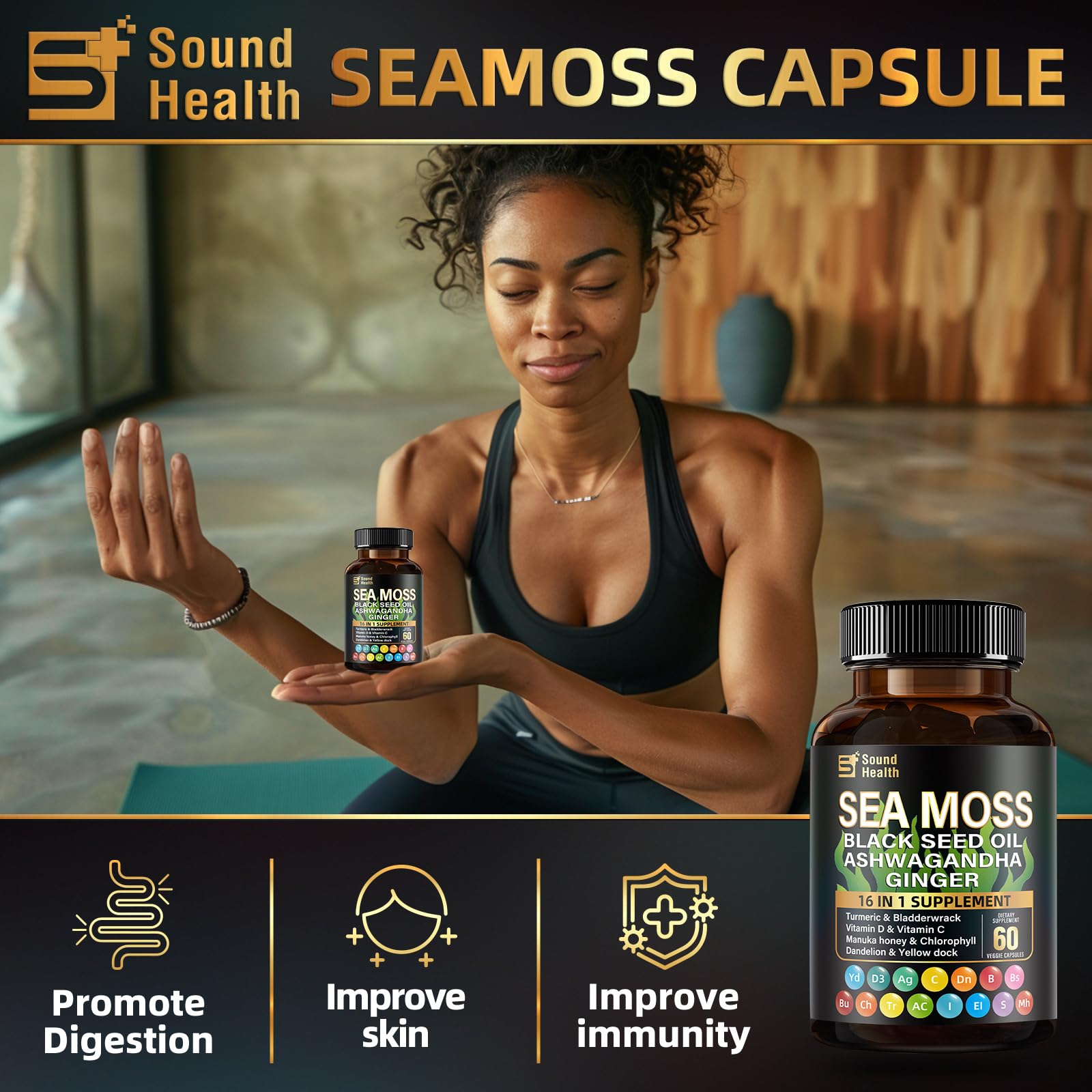 Sea Moss Capsules with Ashwagandha, Turmeric, Bladderwrack, Vitamins C & D for Natural Energy, Sleep Support & Hair Growth, 1200mg Herbal Blend, for Man & Women, Third-Party Tested，16-in-1 Supplement SoundHealth uk supplements