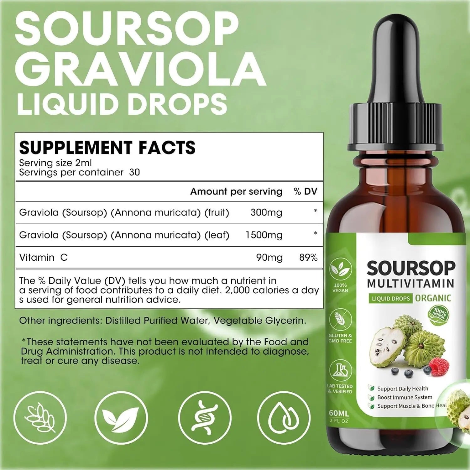 Soursop Bitters Liquid 2 Fl Oz, Soursop Graviola Leaf Extract Liquid Drop, Soursop Multivitamin Liquid Drops Organic for Cell Support, Immune System, Relax bogomo uk supplements