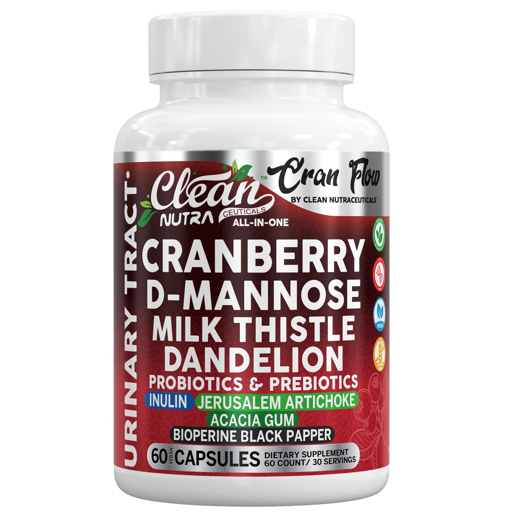 Cran Flow Cranberry Pills for Urinary Health D-Mannose Milk Thistle Dandelion Inulin Vitamin C Prebiotics and Probiotics Bladder Support By Clean Nutra Clean Nutraceuticals uk supplements