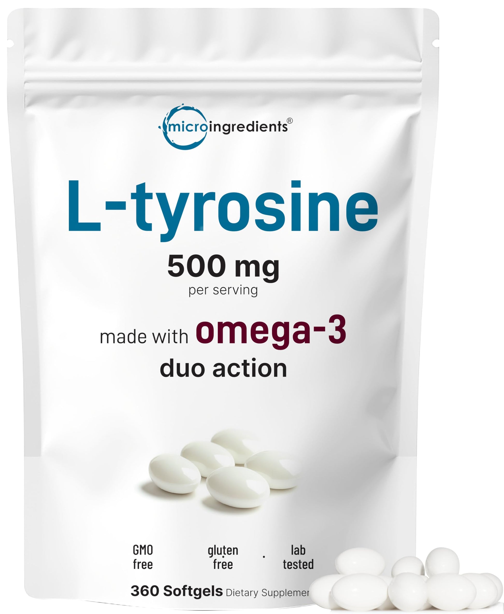 L Tyrosine Supplement 500mg with Omega-3, 360 Softgels | Duo Action Amino Acids + Omega from Flaxseed Oil 1,000mg with ALA | Heart and Mood Support | Brain Supplements for Memory and Focus | Non-GMO Micro Ingredients uk supplements