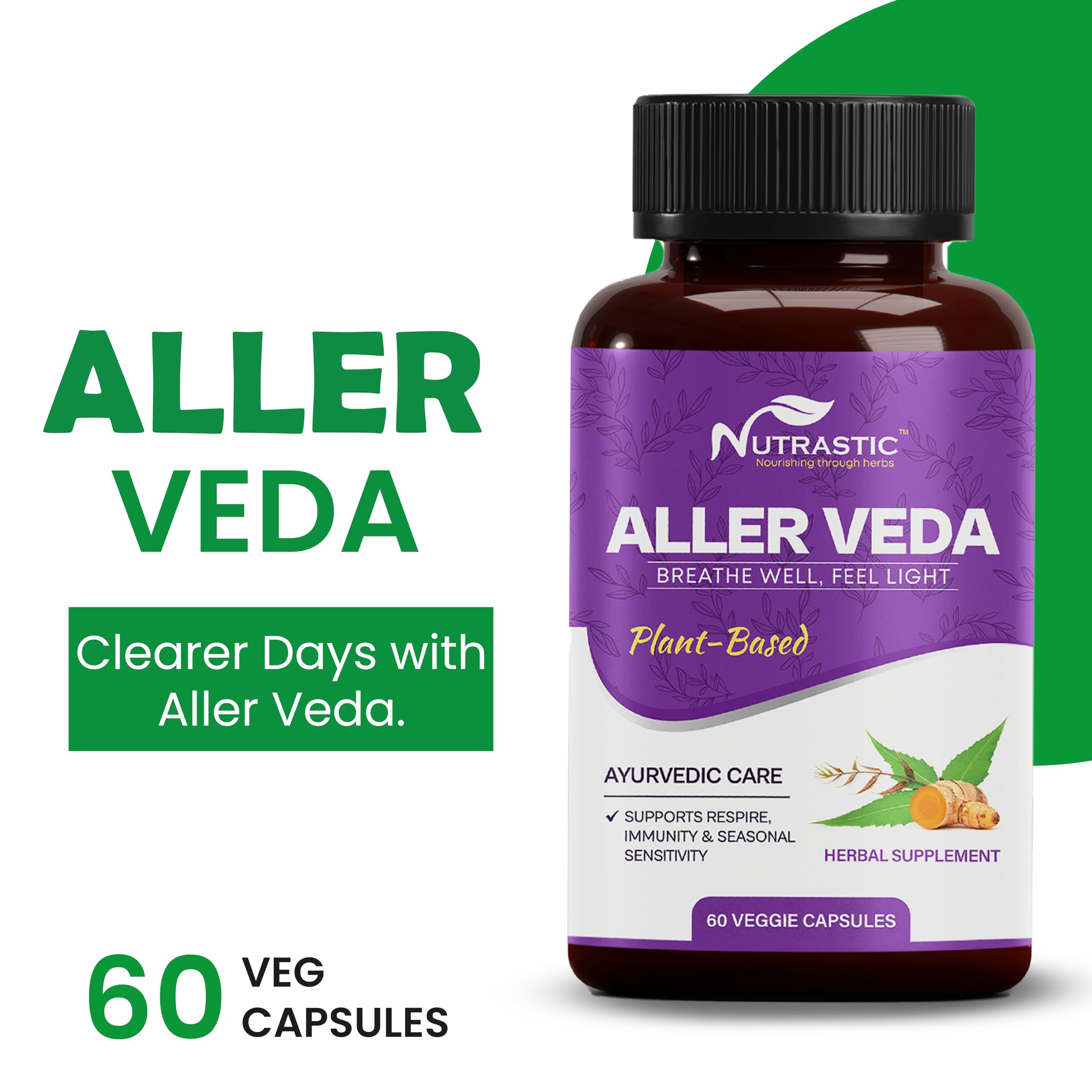 Nutrastic Aller Veda Respiratory Wellness Supplement with Pure Tulsi, Amla, Turmeric, and Neem | Natural Support for Healthy Breathing | 60 Caps Nutrastic uk supplements