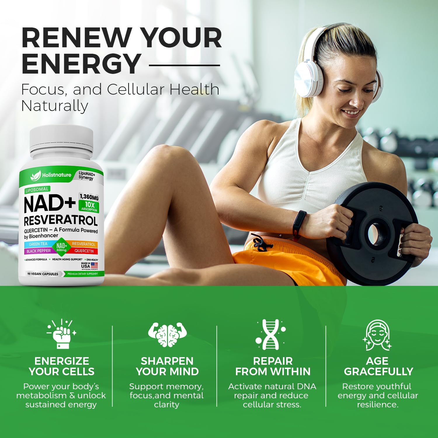 NAD+ Supplement, 1,360mg Max Strength Liposomal | Resveratrol, Quercetin, Green Tea | Cellular Energy & Healthy Aging for Men & Women | 800mg of 100% High Purity NAD+ for Energy, Focus - 90 Capsules Holistnature uk supplements