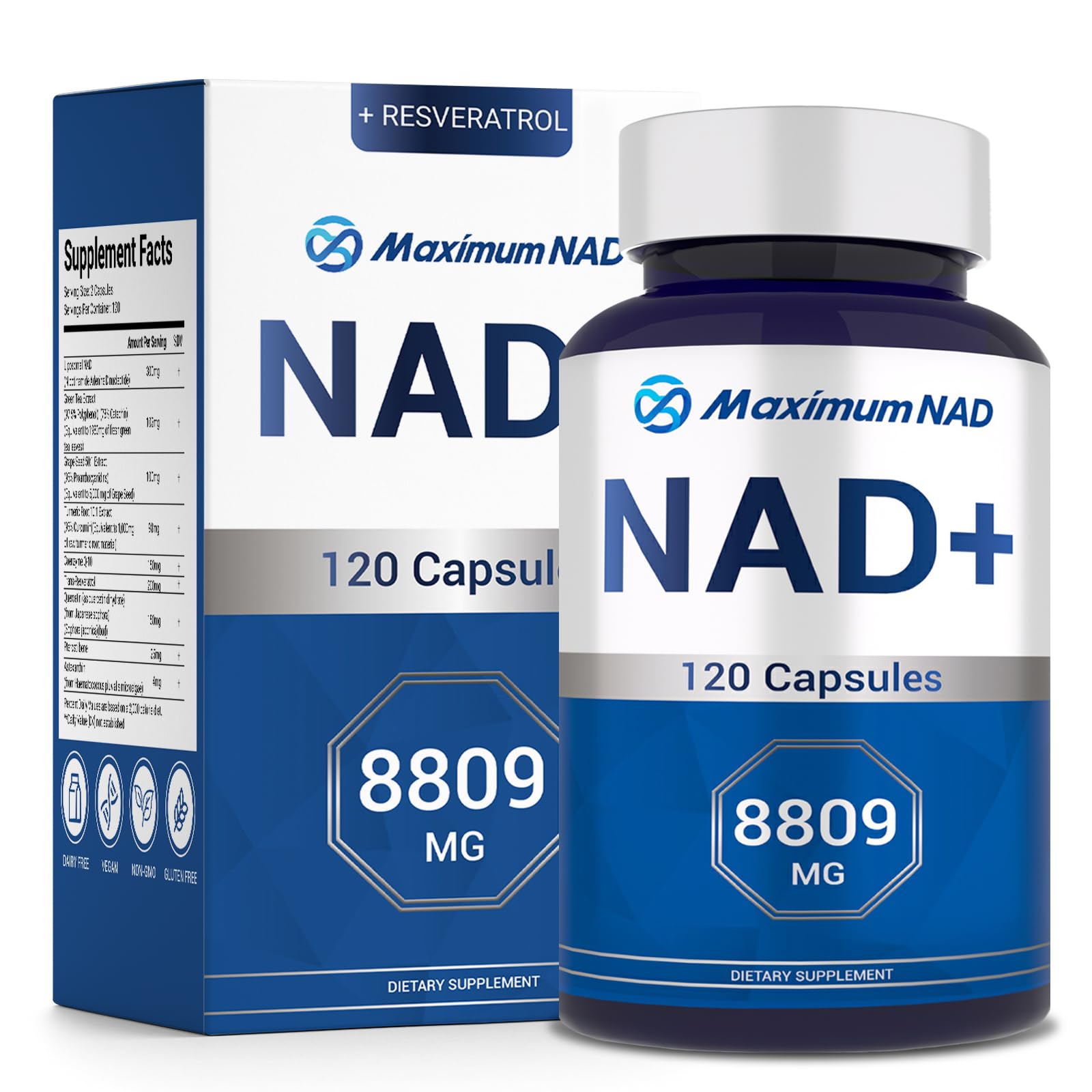 NAD+ Supplement 8,809mg with Liposomal NAD and Resveratrol for Women & Men - 120 Capsules to Support Cellular Health, Boost Stamina & Healthy Aging, Vegan & Gluten-Free Maximum NAD uk supplements