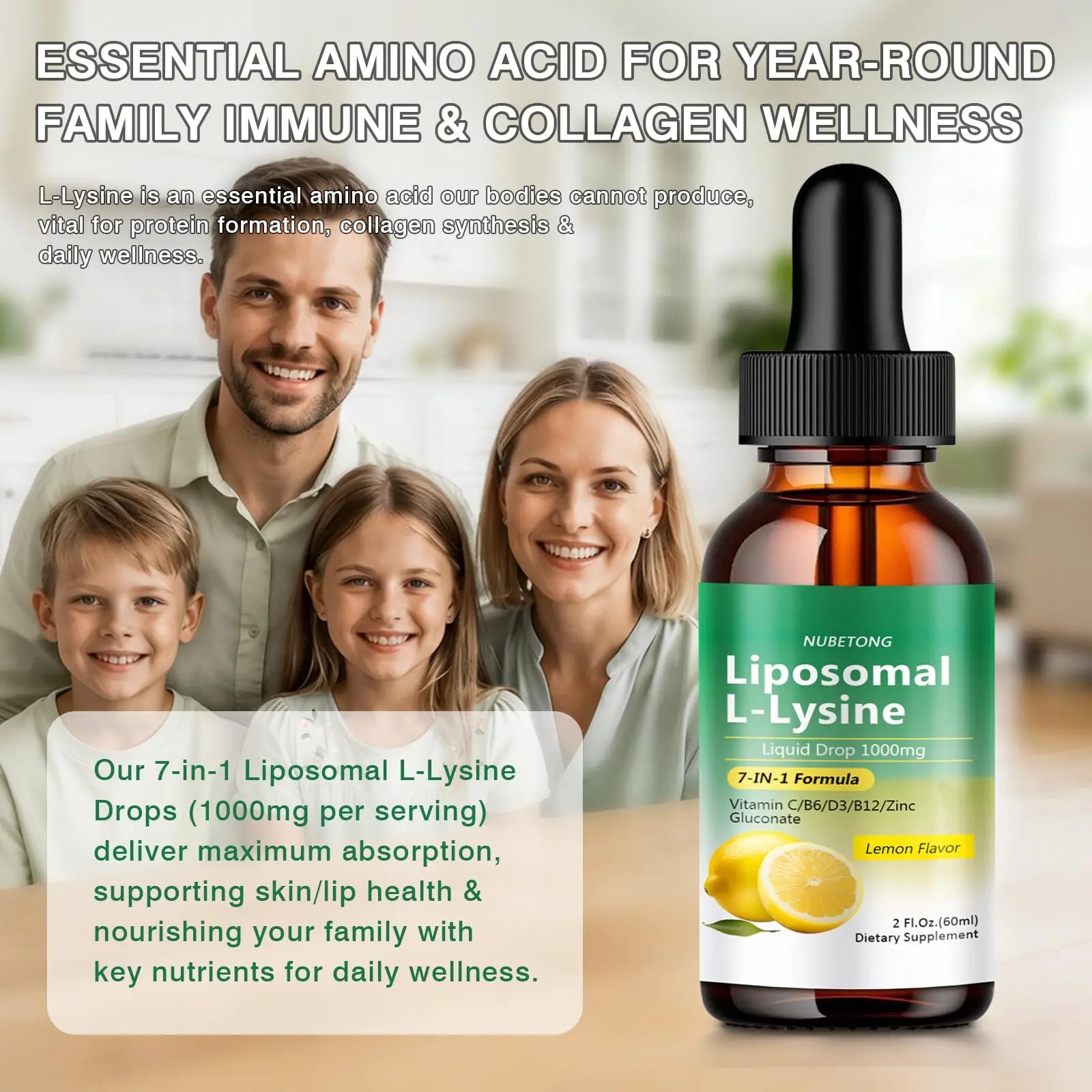 Liposomal L-Lysine 1000mg Liquid Drops, 7-in-1 Lysine Supplement for Adults with Vitamin C/B6/D3/B12 & Zinc Gluconate, Immune Support, Collagen Synthesis & Skin Lip Health, Lemon Flavor, 2 Fl Oz Nubetong uk supplements