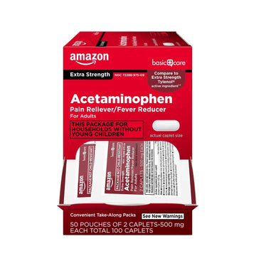 Amazon Basic Care Extra Strength Acetaminophen Caplets 500 mg, Pain Reliever and Fever Reducer, Gentle on Stomach, For Arthritis Pain, Backache Pain and More, 50 Packets of 2 Capsules Each, 100 Count Amazon Basic Care uk supplements