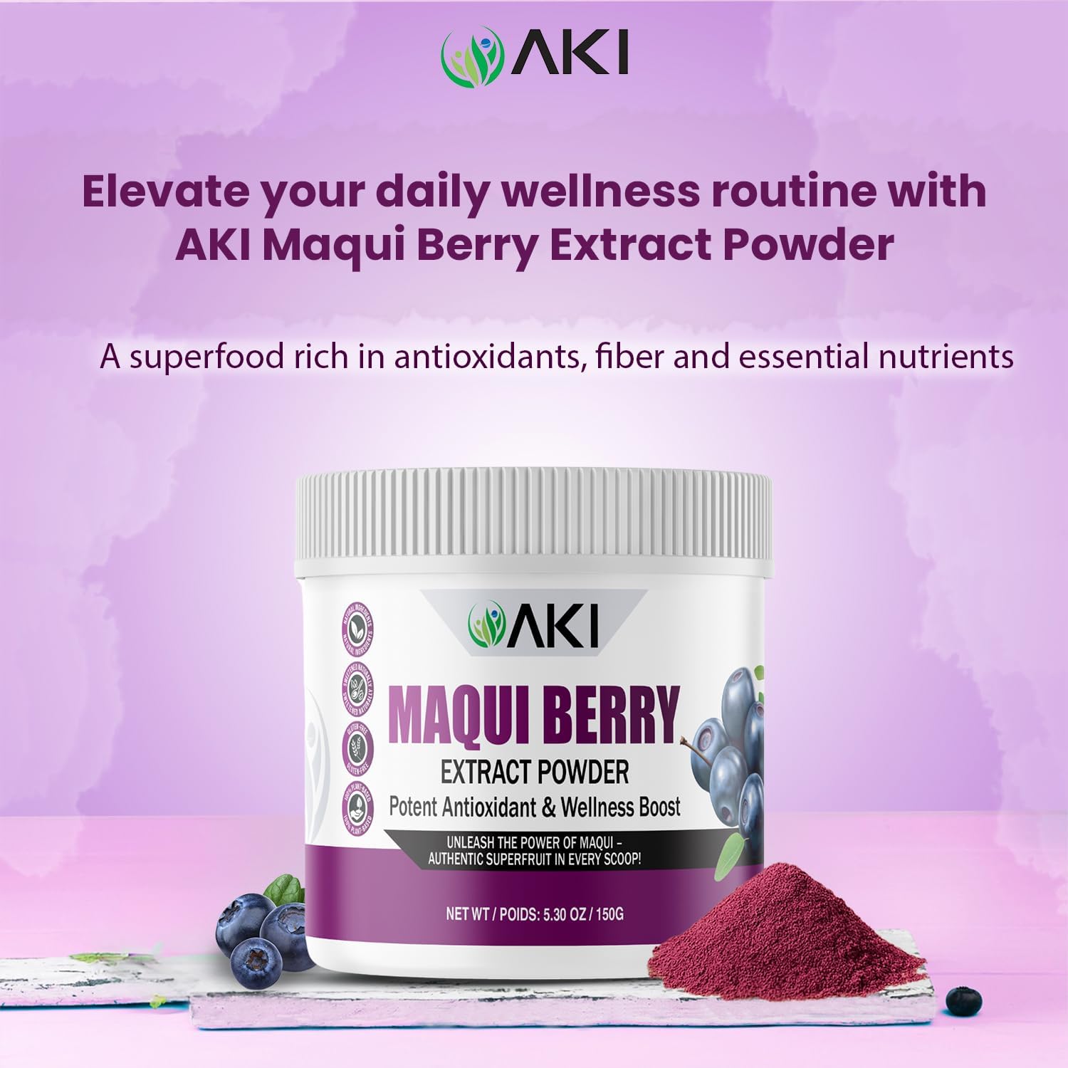AKI Maqui Berry Extract Powder – Wild Harvested from Patagonia, High in Anthocyanins & Polyphenols, Freeze-Dried Superfruit for Smoothies, Non-GMO, Vegan, 150g/ 5.3 oz AKI ORGANIC uk supplements