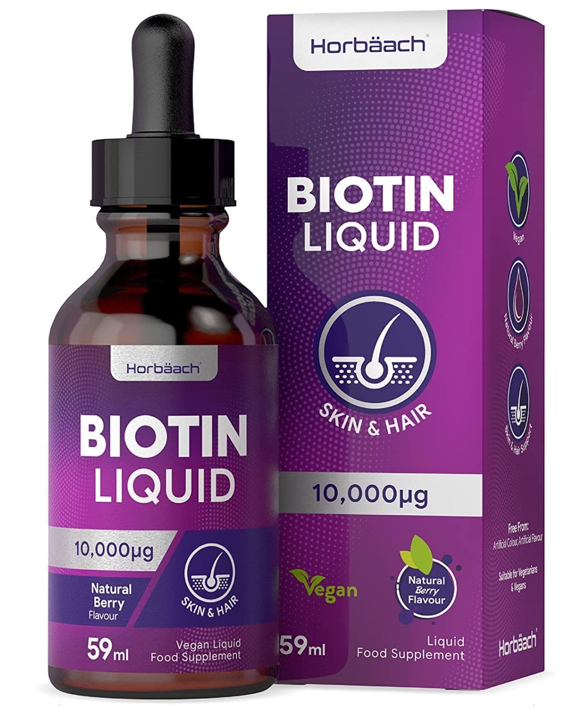 Biotin Liquid Drops for Hair & Skin Support | 10000 mcg Supplement | 59 ml Vitamin B7 Horbäach uk supplements