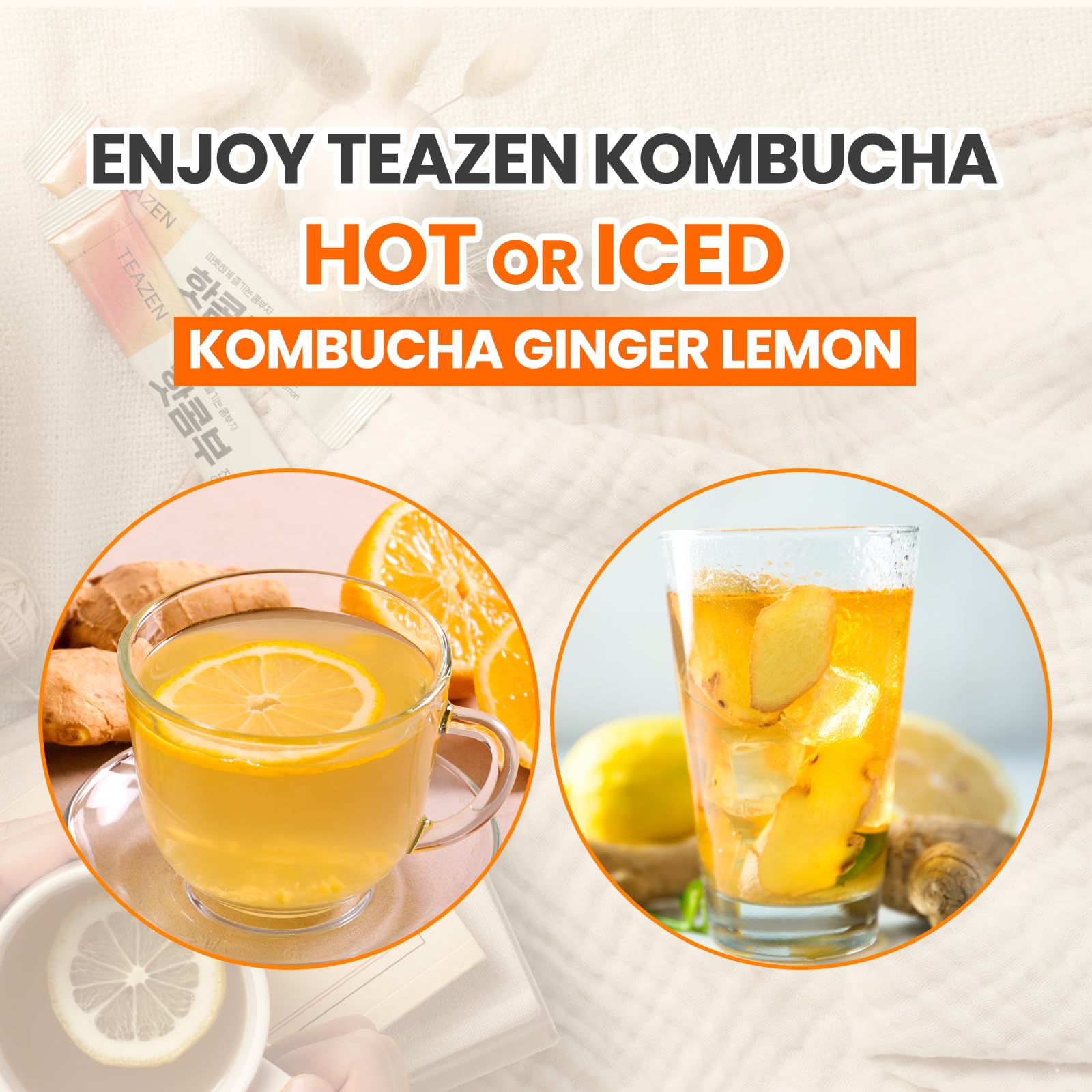 TEAZEN Lemon Ginger Hot Kombucha Tea, Live Probiotics & Postbiotics, Relaxation and Warmth for Colds and Sore Throat, Hydration Drink Mix, Sugar Free, 30 Sticks, 5.29oz TEAZEN uk supplements