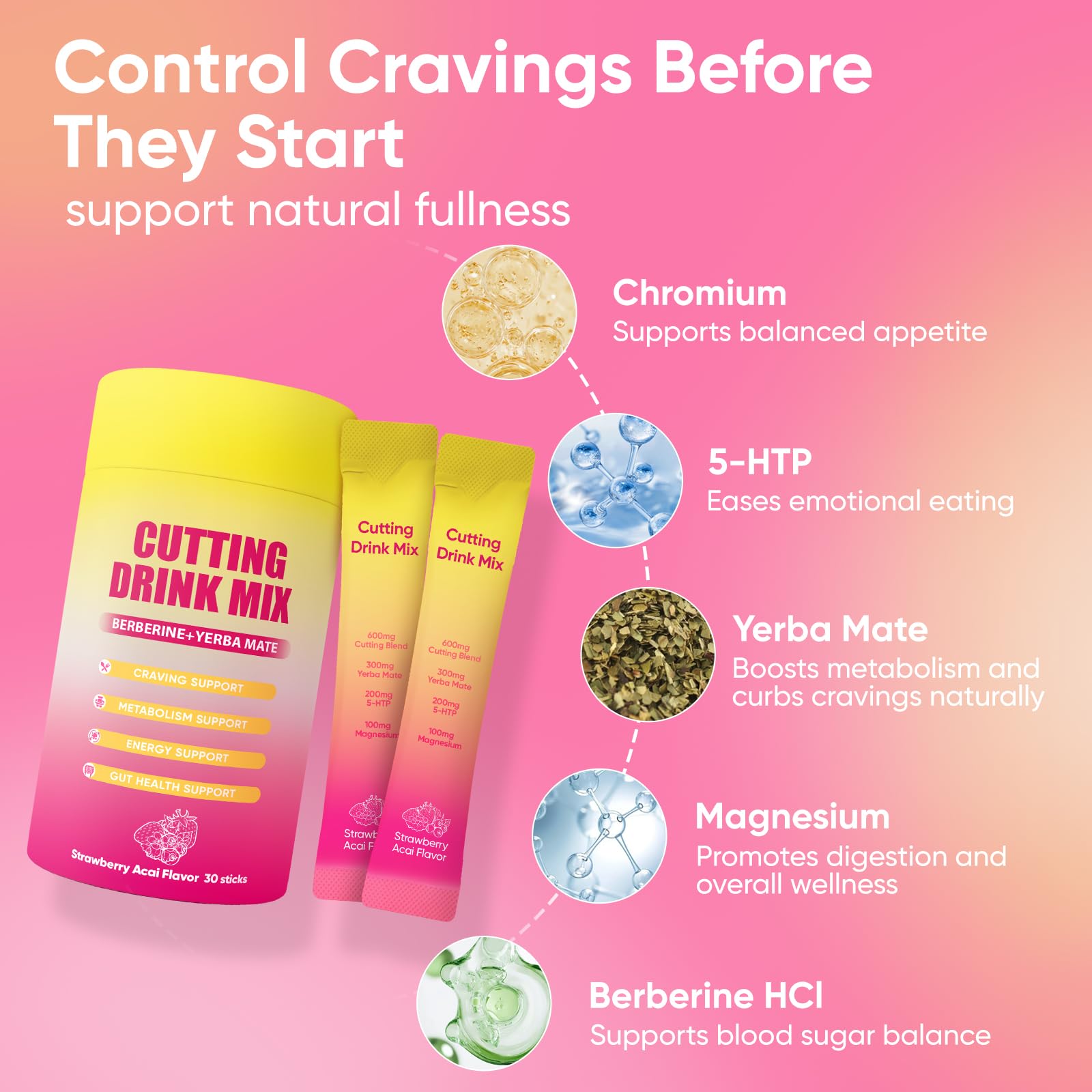 PlocoXe Cutting Drink Mix with Berberine, Chromium, 5-HTP, Yerba Mate & Magnesium - Dual-Action Craving & Gut Health | Strawberry Acai Flavor,Vegan, PlocoXe uk supplements