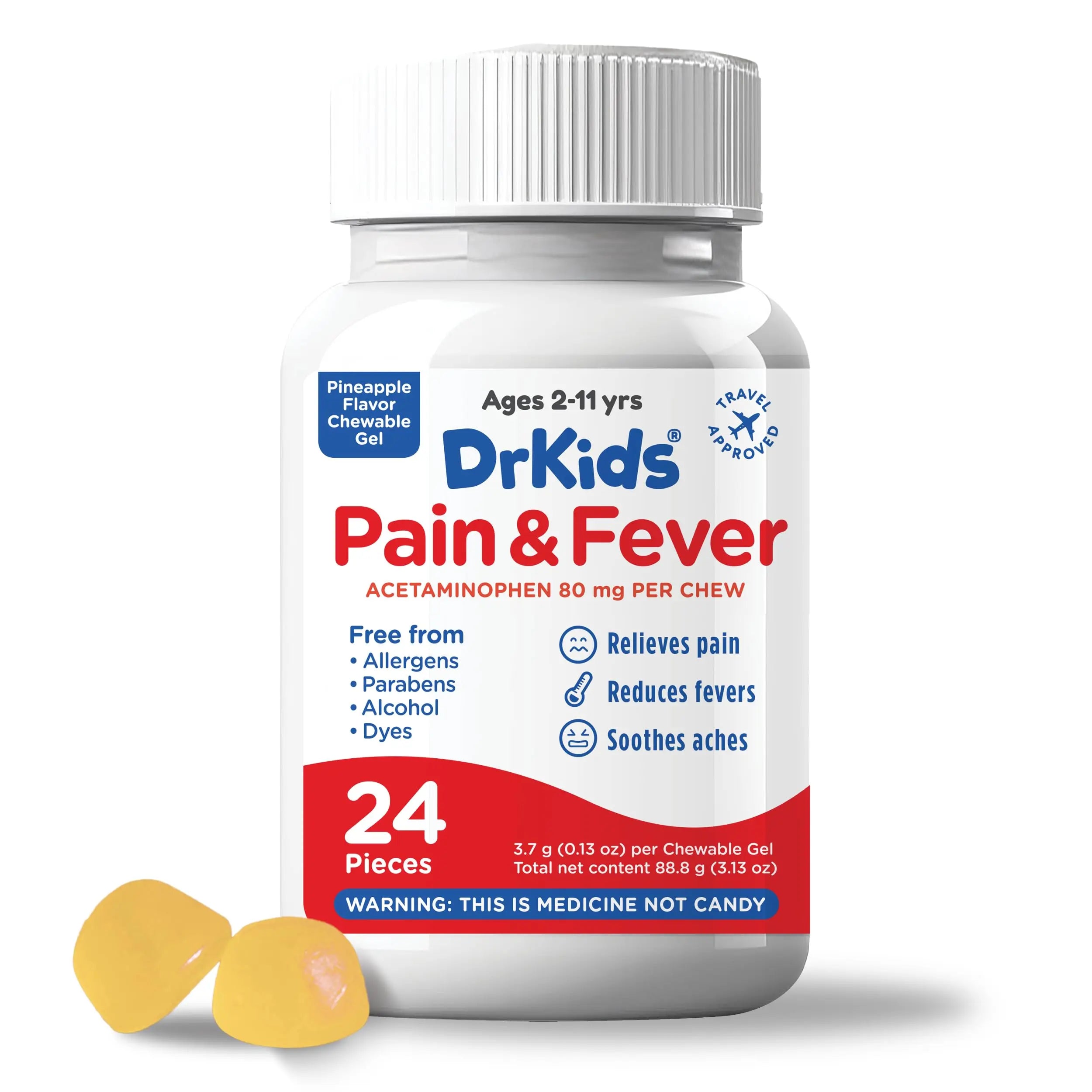Dr. Kids Children’s Pain and Fever Chewable Gels – Pain Relief and Fever Reducer for Kids Ages 2–11, 80 mg Chewable Acetaminophen for Headache, Sore Throat, Cold & Flu, Pineapple Flavor, 24 Count Dr. Kids uk supplements