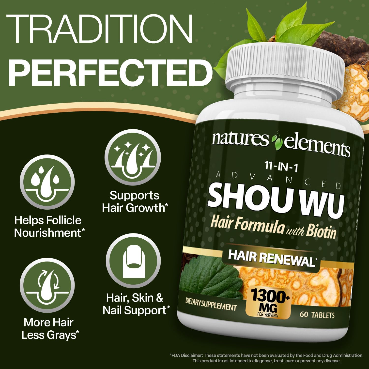 Natures Elements Advanced Shou Wu for Gray Hair – Prepared He Shou Wu for Hair Growth with Biotin, Bioperine, Fo-Ti Root & More – 100% Natural – 60 Tablets – Non-GMO, Gluten-Free Natures Elements uk supplements