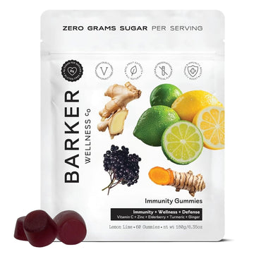 Barker Wellness Immunity Gummies with Vitamin C, Zinc, Elderberry, Turmeric & Ginger for Daily Immune Support | Vegan, Sugar-Free, Lemon-Lime Flavor | Seasonal Wellness Essentials, 60 Count Barker Wellness Co uk supplements