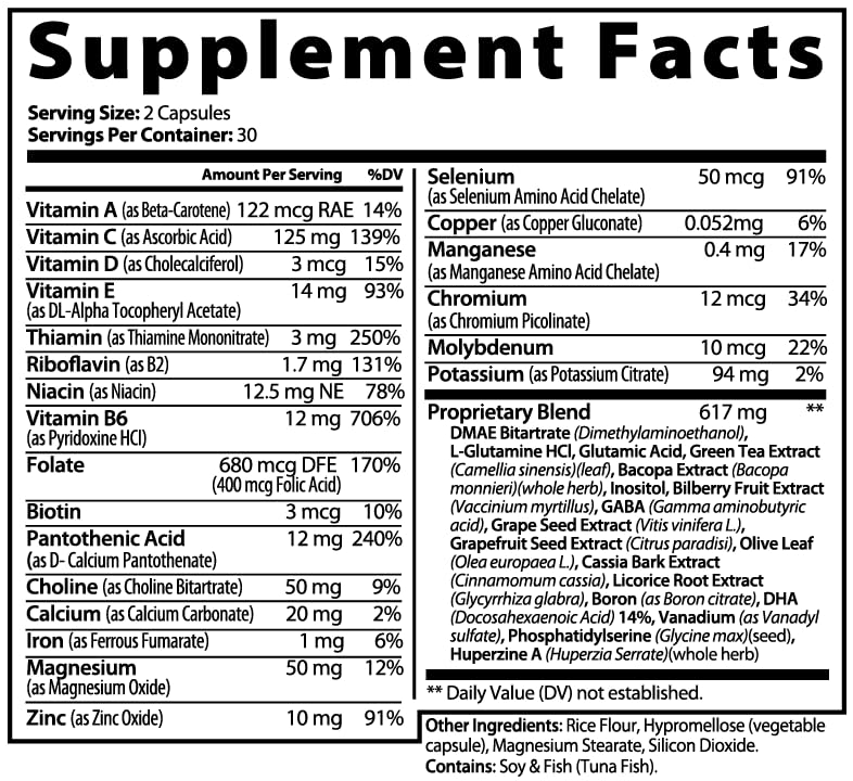 EXUVITAL Brain & Focus Formula, Veggie Capsules, 60 Count, Nootropic Supplement with Vitamins, Minerals and Proprietary Blend for Clarity, Memory, Cognition and Mental Focus EXUVITAL uk supplements