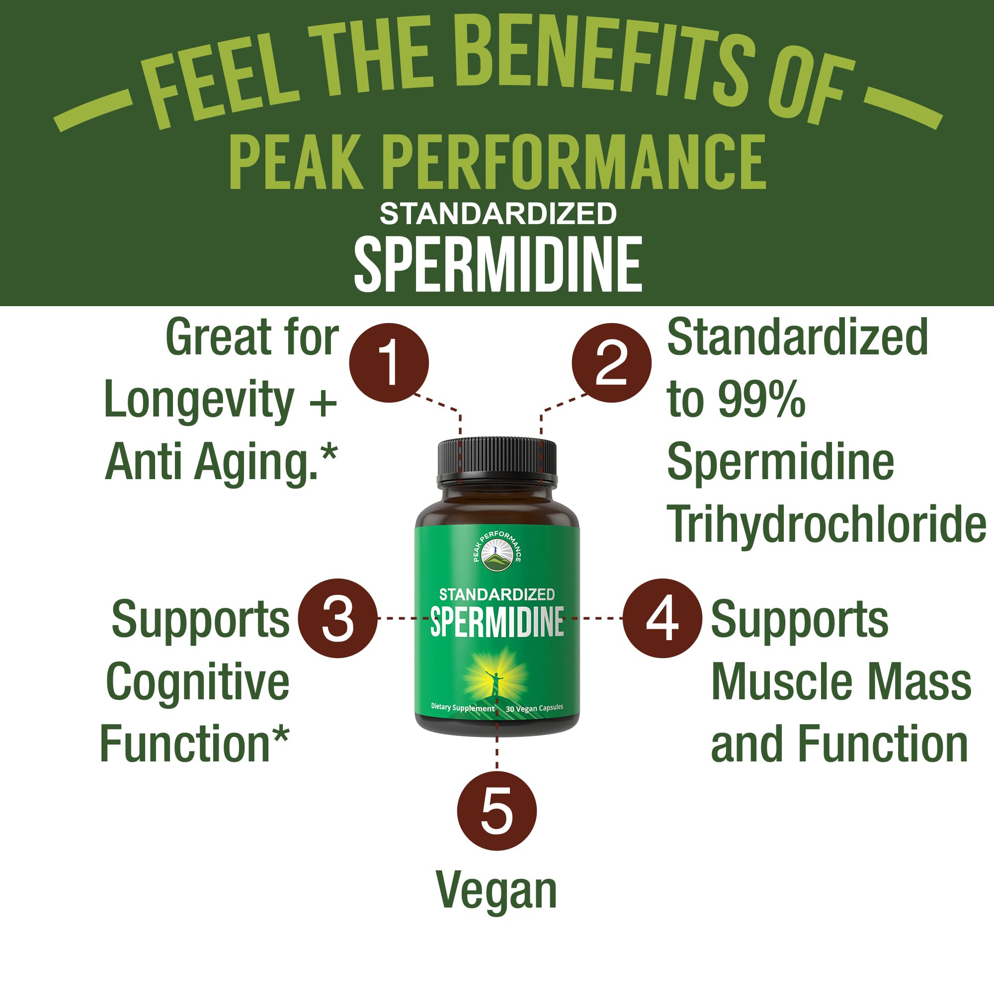 Spermidine Supplement Ultra High Strength Standardized to 99% Spermidine Trihydrochloride. More Potent Than Wheat Germ Extract. Vegan Capsules for Healthy Aging, Longevity. USA Tested Supplements Peak Performance uk supplements