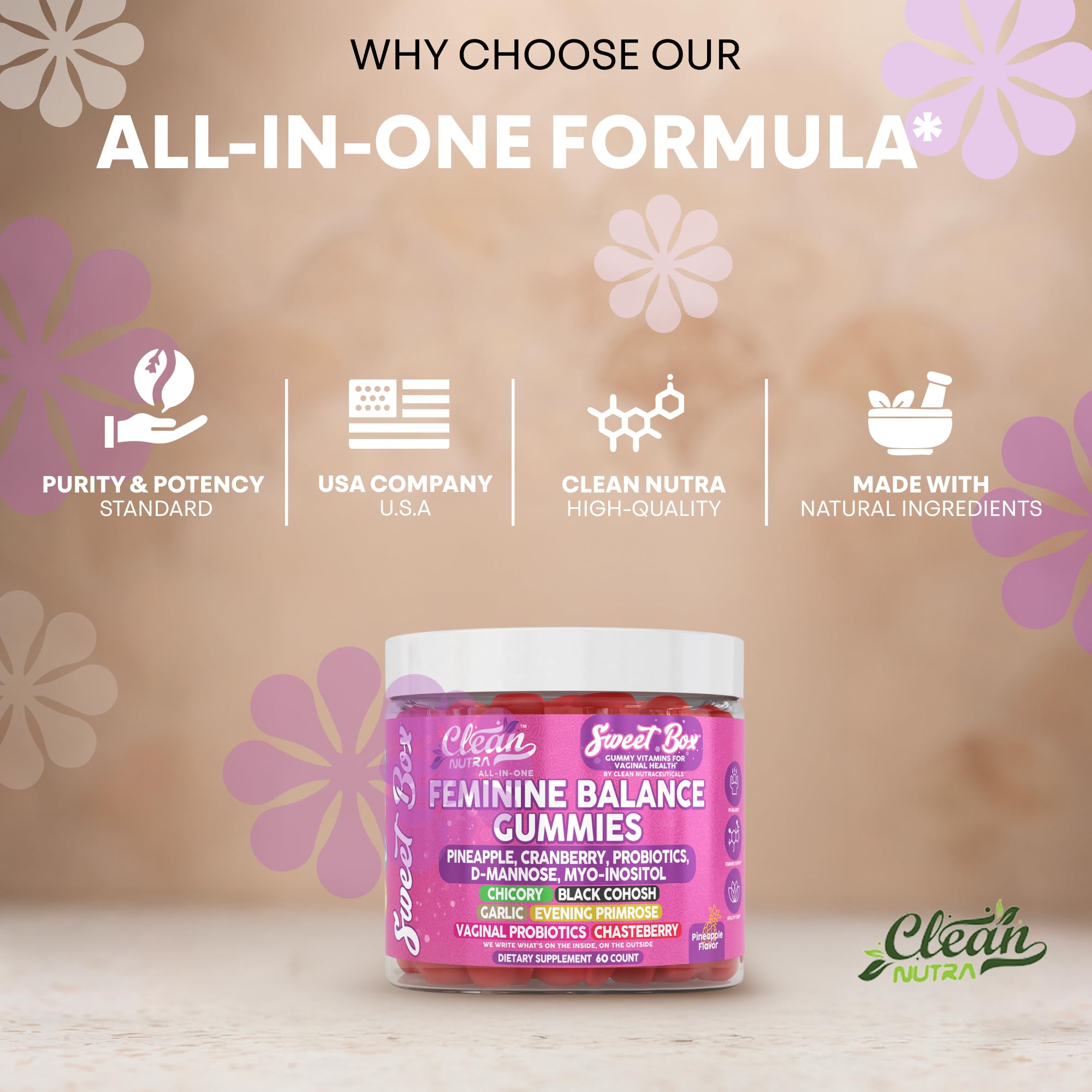 Clean Nutra Feminine Balance Gummies for Women Pineapple VaginalProbiotics pH Balance Cranberry D Mannose Supplement Inositol Black Cohosh Evening Primrose Garlic Vitex GLA Prebiotics Folate 60ct Clean Nutraceuticals uk supplements