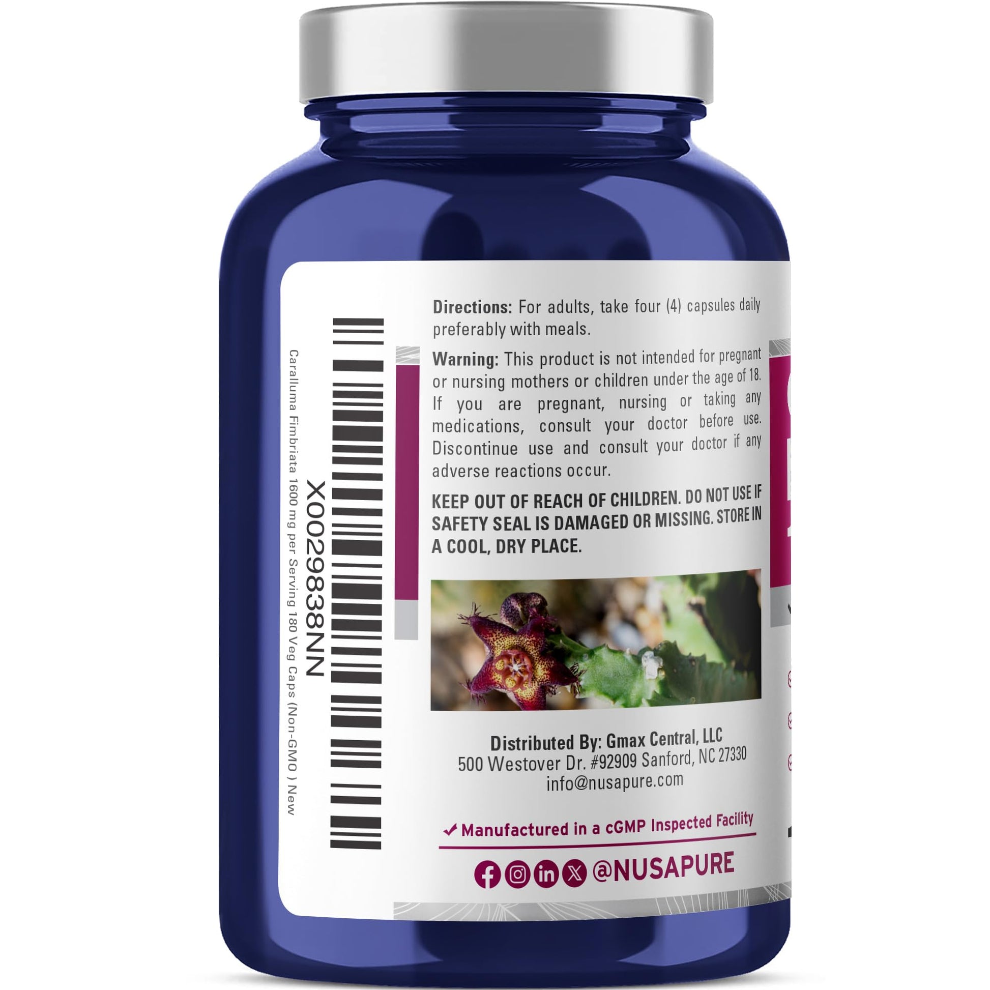 NusaPure Caralluma Fimbriata 1600mg - 180 Veggie Capsules (Non-GMO, Vegan) NusaPure uk supplements