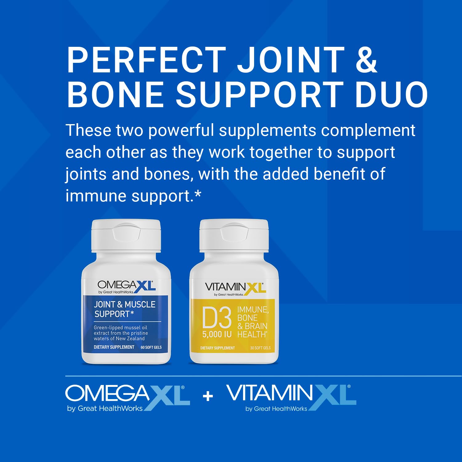 OmegaXL Joint Support Supplement - 60 Softgels & VitaminXL D3 High Potency Daily Vitamin D 5000 IU 125mcg Immune Support Supplement (30 Softgels) - 2 Pack OmegaXL uk supplements