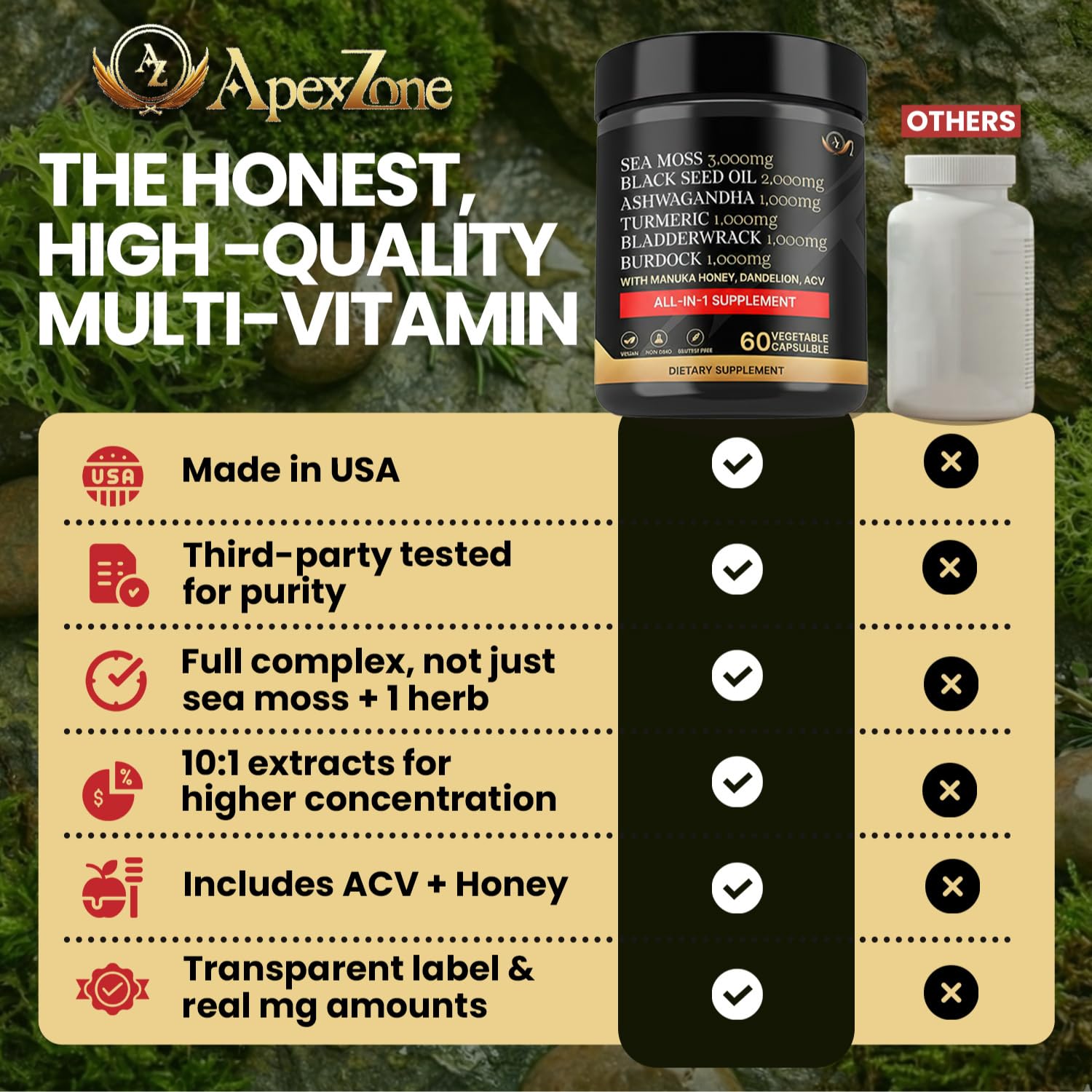 AZ ApexZone True Sea Moss Capsules Black Seed Oil Ashwagandha Burdock Root, Tumeric Supplement with Manuka Honey, Dandelion Root ACV - 60 Capsules - Multi Vitamin AZ ApexZone uk supplements